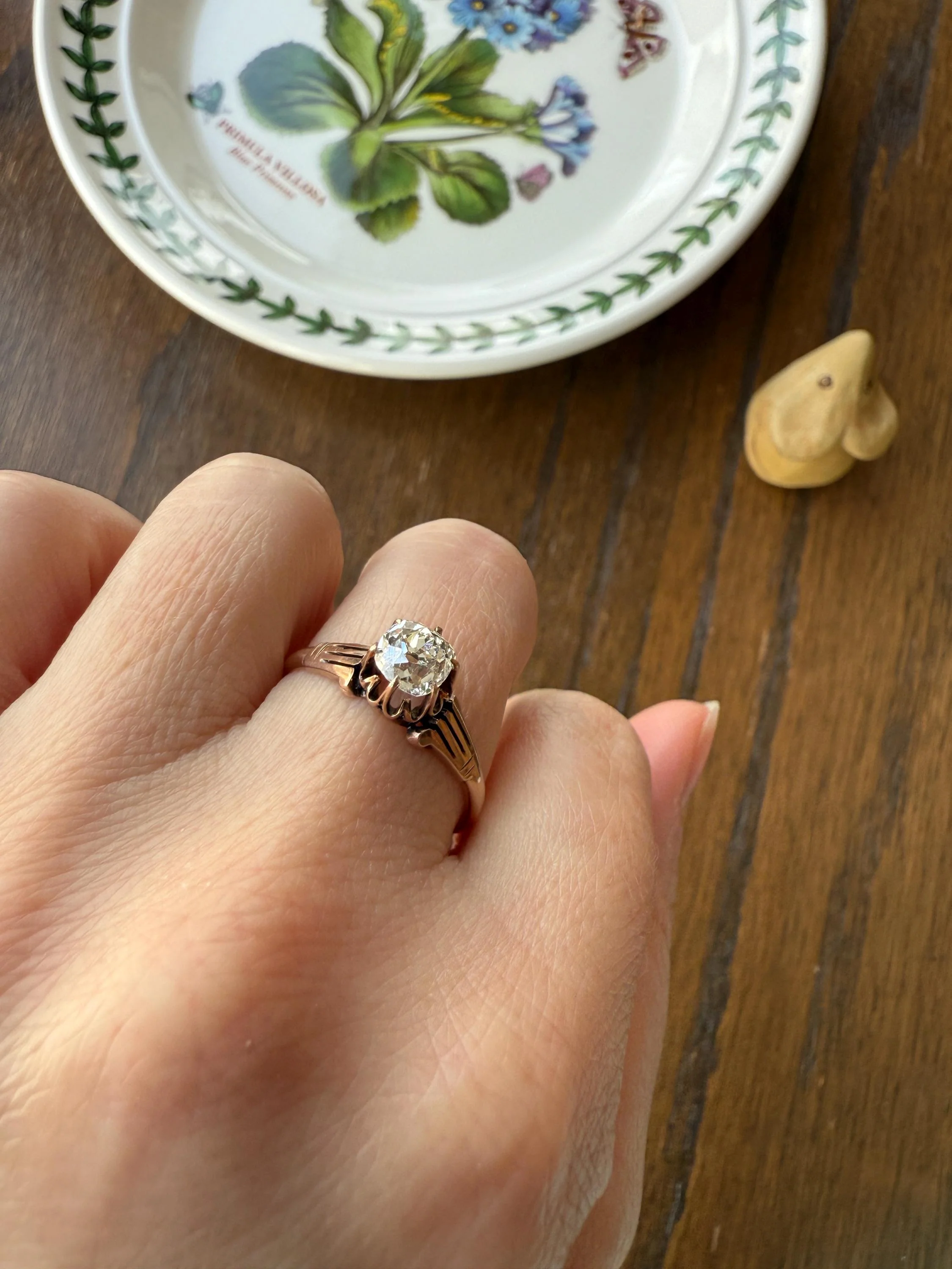 Tall Ornate French Victorian Antique One Carat Old Mine Cut DIAMOND Solitaire Engagement Ring 10k Rose Gold Scrolled Tulip Shoulders Stacker - Image 5