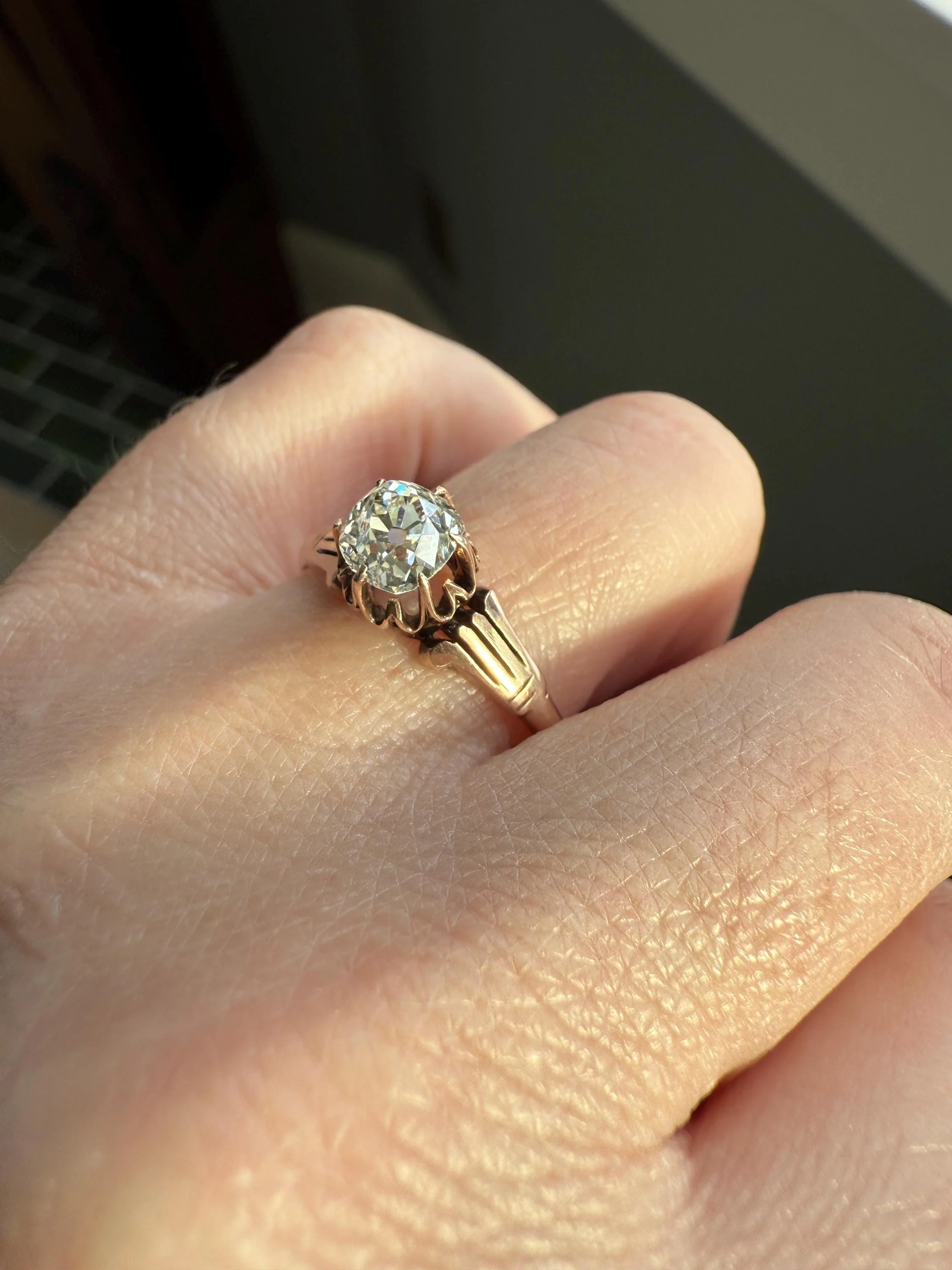 Tall Ornate French Victorian Antique One Carat Old Mine Cut DIAMOND Solitaire Engagement Ring 10k Rose Gold Scrolled Tulip Shoulders Stacker - Image 6