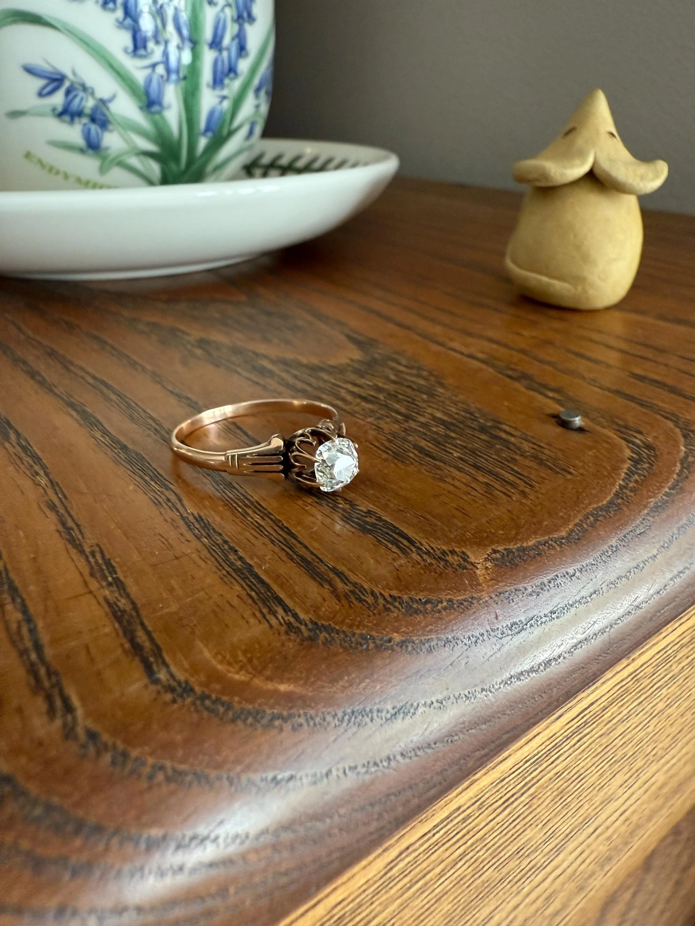 Tall Ornate French Victorian Antique One Carat Old Mine Cut DIAMOND Solitaire Engagement Ring 10k Rose Gold Scrolled Tulip Shoulders Stacker - Image 7