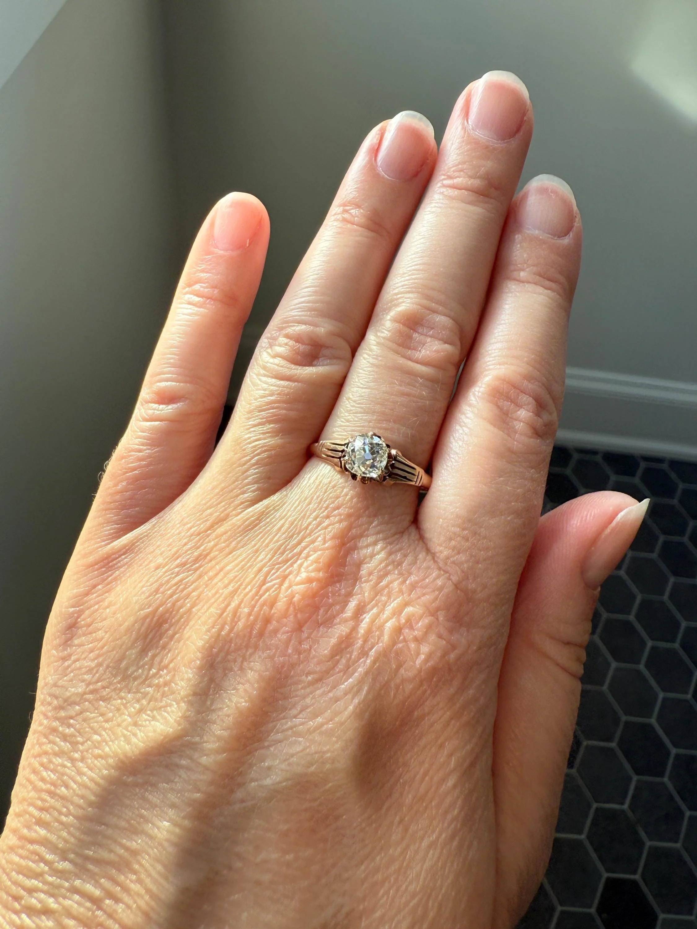 Tall Ornate French Victorian Antique One Carat Old Mine Cut DIAMOND Solitaire Engagement Ring 10k Rose Gold Scrolled Tulip Shoulders Stacker - Image 9