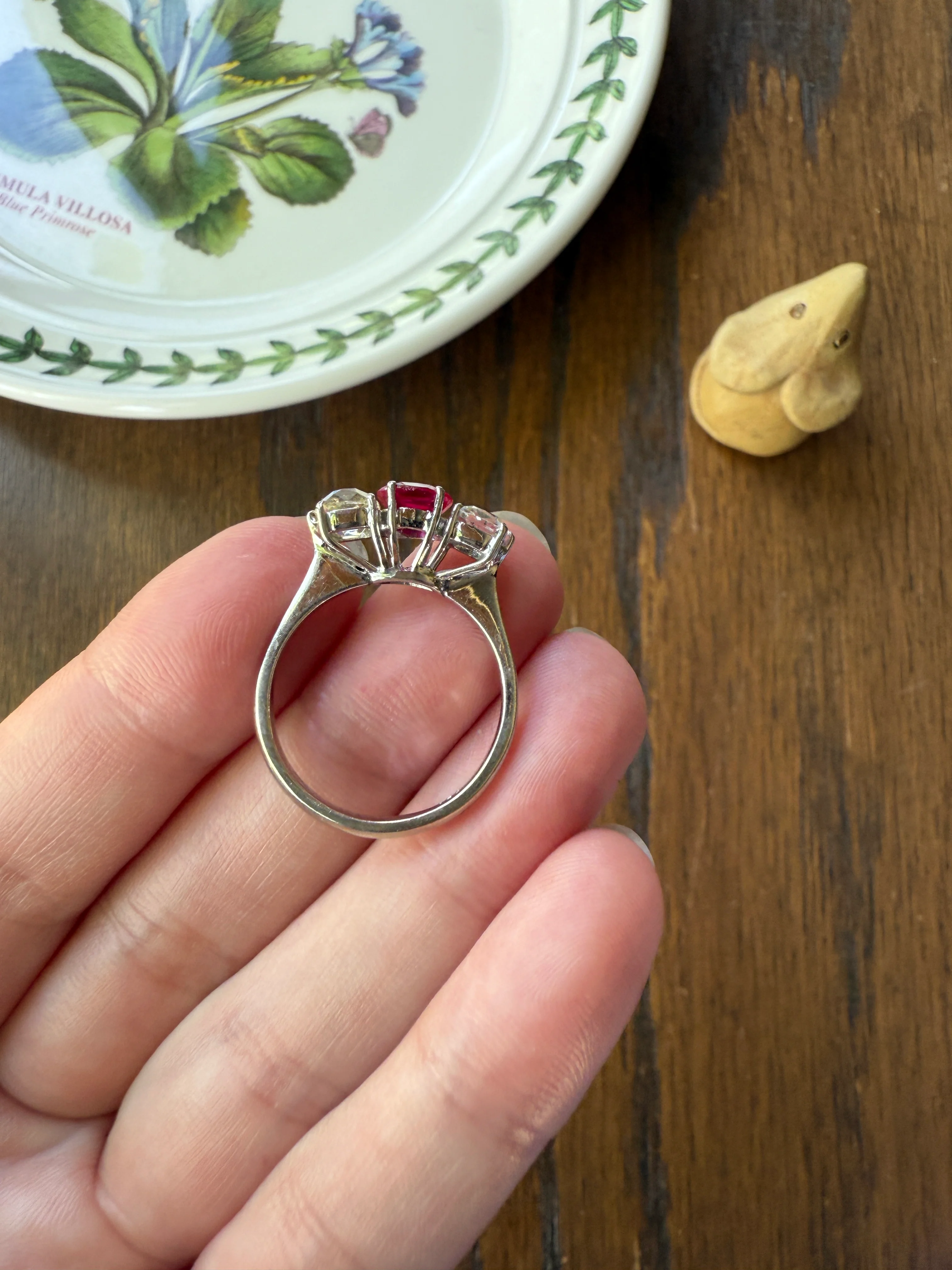 TALL Three Stone Square 1.2Ctw Tdw Old Mine Cut DIAMOND Natural Ruby 18k White Gold Ring Unique Stacker Setting Stackable Pinkish Red - Image 11