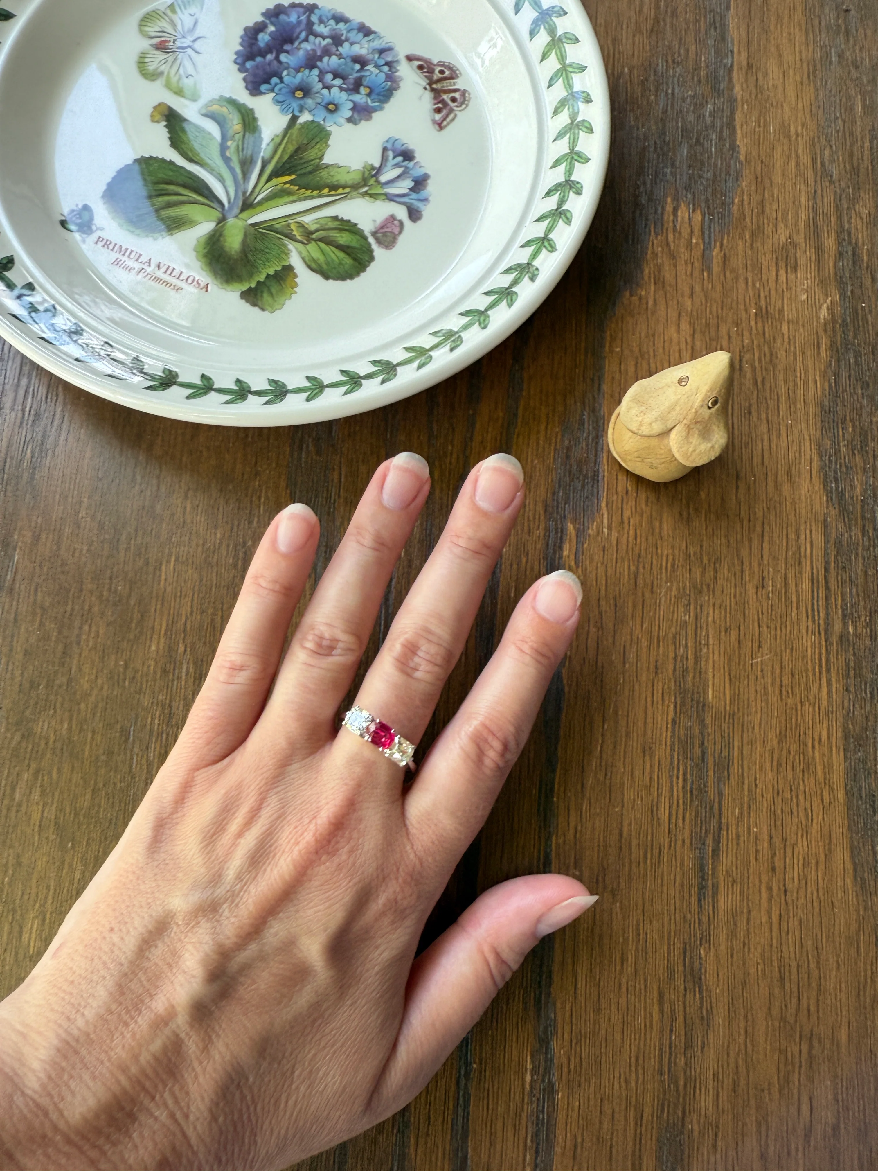 TALL Three Stone Square 1.2Ctw Tdw Old Mine Cut DIAMOND Natural Ruby 18k White Gold Ring Unique Stacker Setting Stackable Pinkish Red - Image 13