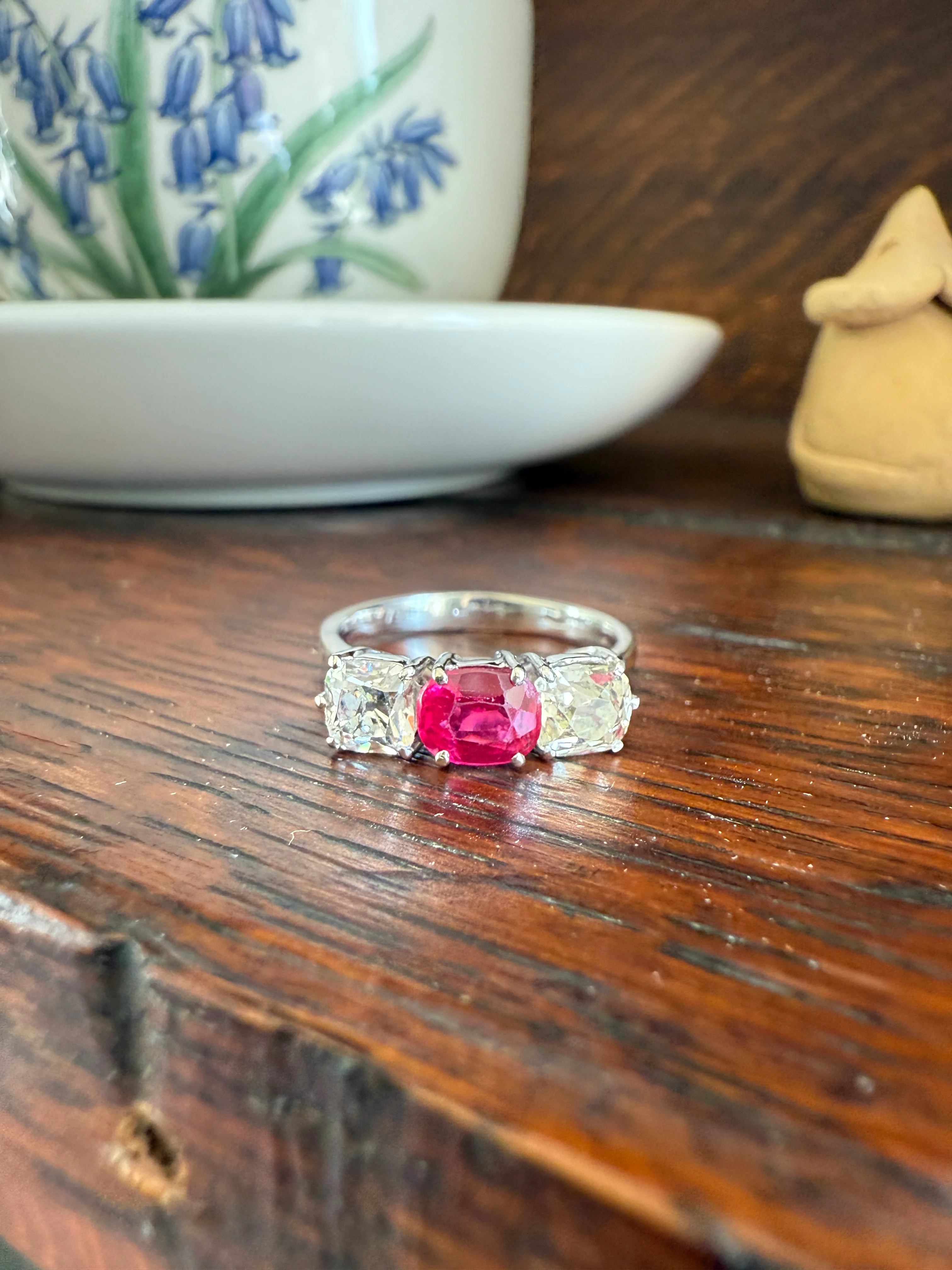 TALL Three Stone Square 1.2Ctw Tdw Old Mine Cut DIAMOND Natural Ruby 18k White Gold Ring Unique Stacker Setting Stackable Pinkish Red - Image 16