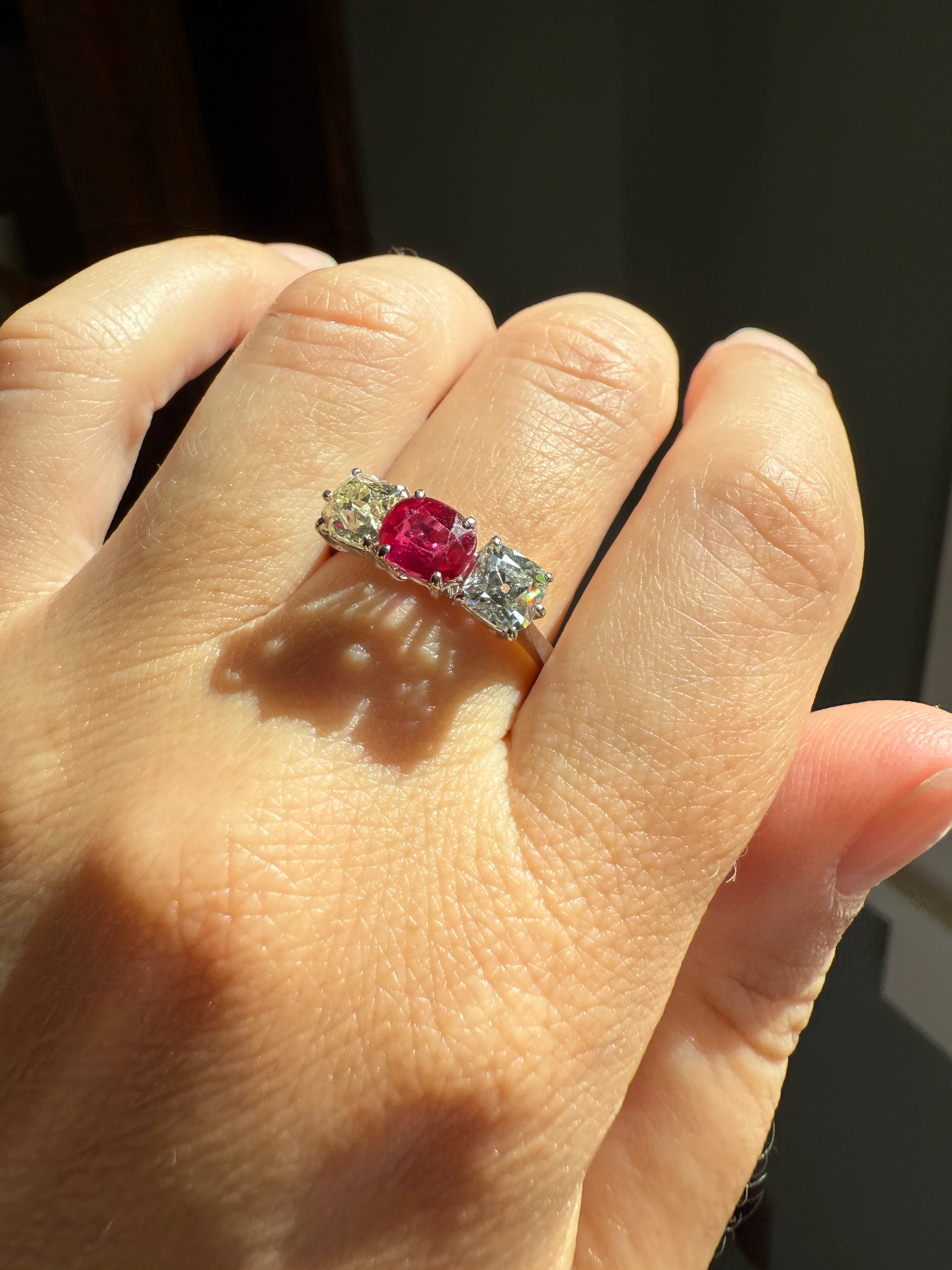 TALL Three Stone Square 1.2Ctw Tdw Old Mine Cut DIAMOND Natural Ruby 18k White Gold Ring Unique Stacker Setting Stackable Pinkish Red - Image 18