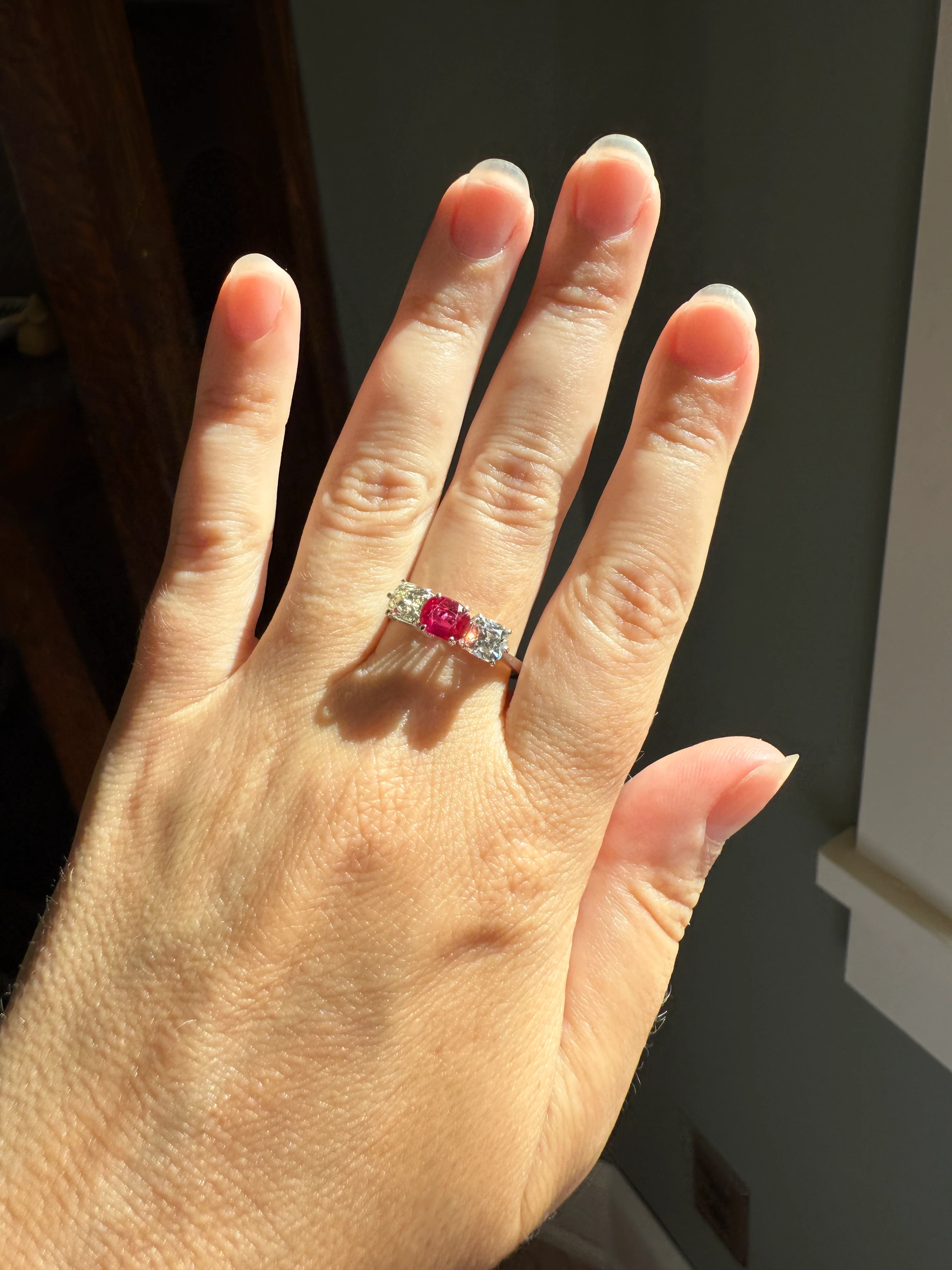 TALL Three Stone Square 1.2Ctw Tdw Old Mine Cut DIAMOND Natural Ruby 18k White Gold Ring Unique Stacker Setting Stackable Pinkish Red - Image 19
