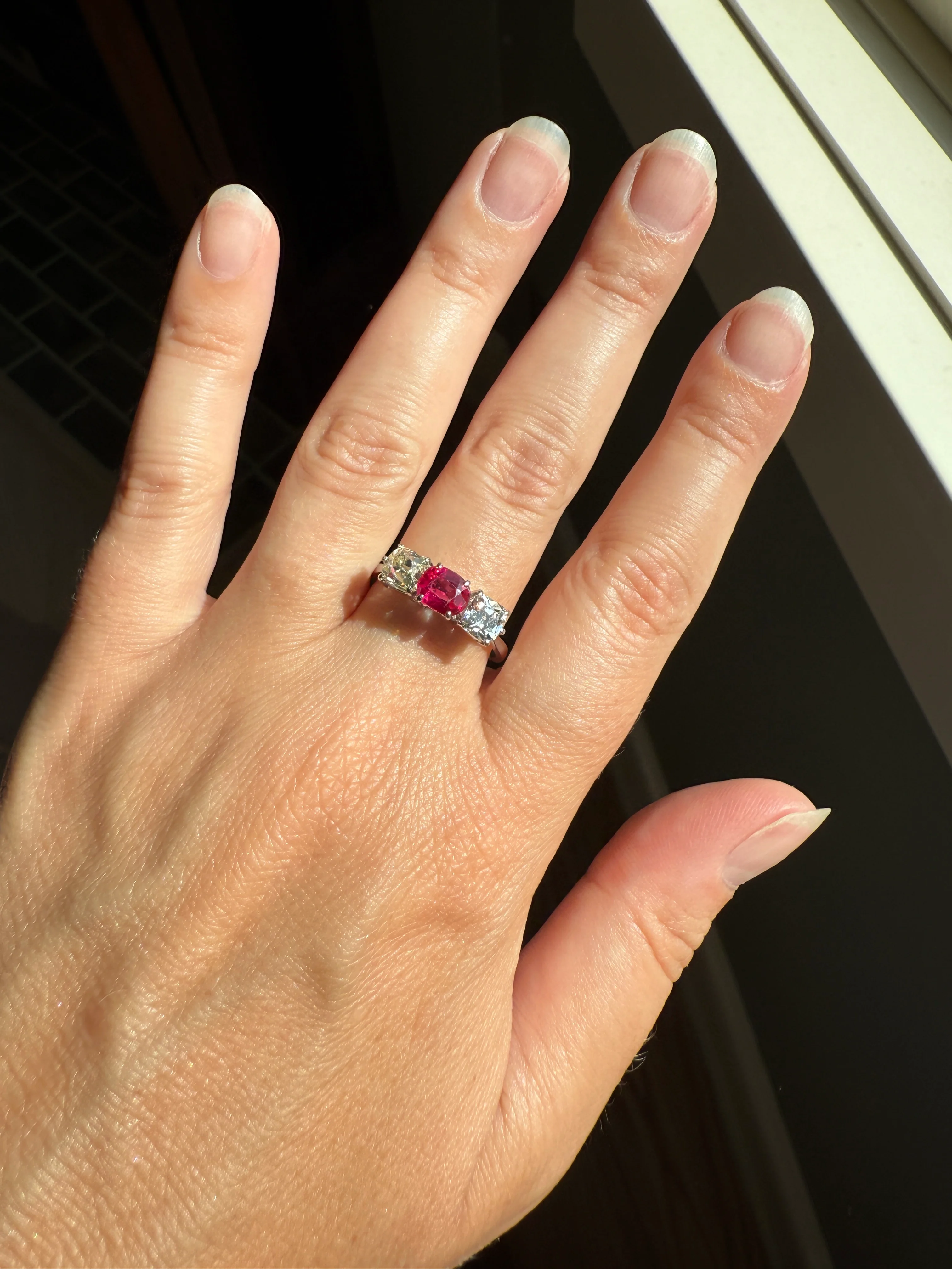 TALL Three Stone Square 1.2Ctw Tdw Old Mine Cut DIAMOND Natural Ruby 18k White Gold Ring Unique Stacker Setting Stackable Pinkish Red - Image 21