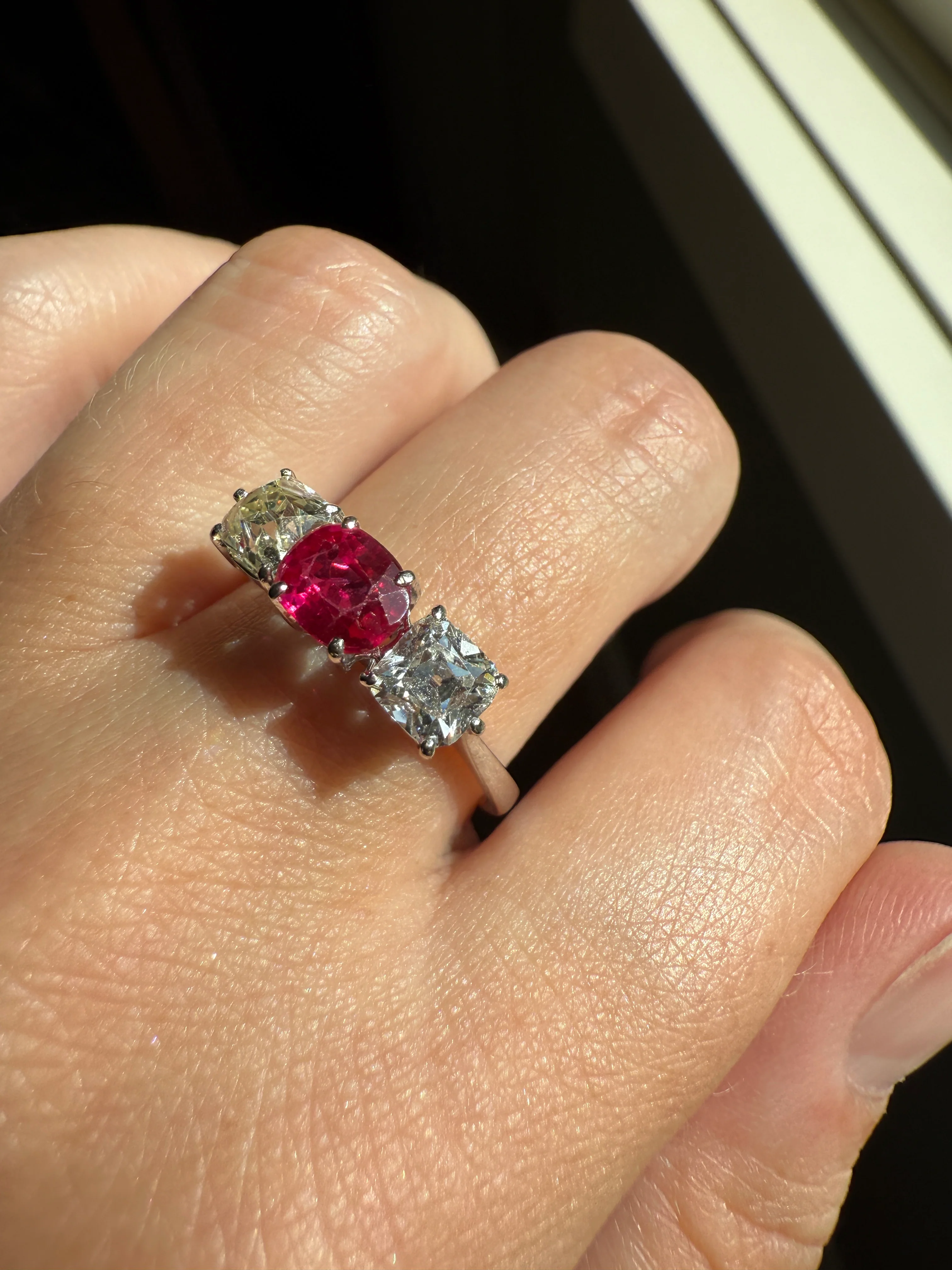 TALL Three Stone Square 1.2Ctw Tdw Old Mine Cut DIAMOND Natural Ruby 18k White Gold Ring Unique Stacker Setting Stackable Pinkish Red - Image 22
