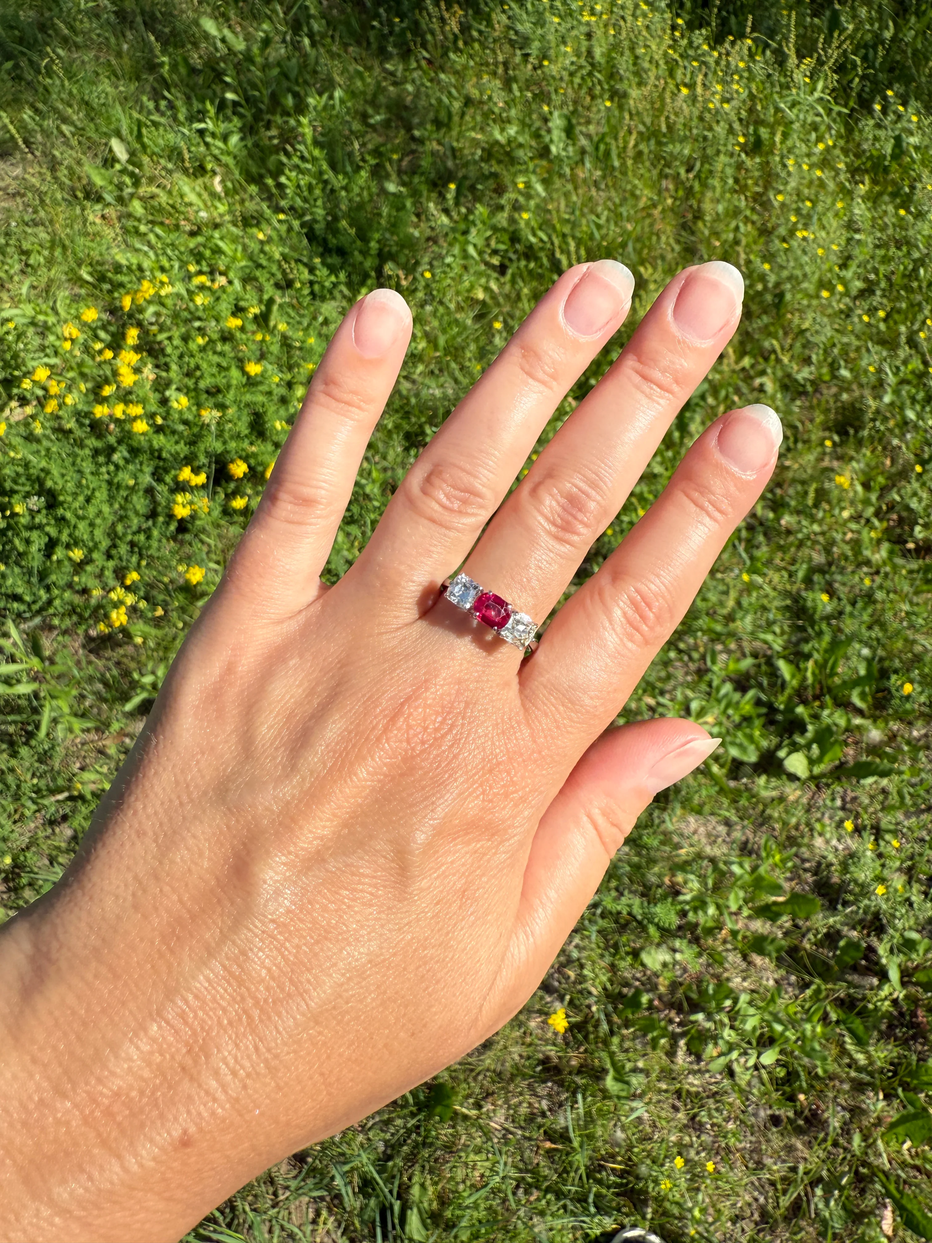 TALL Three Stone Square 1.2Ctw Tdw Old Mine Cut DIAMOND Natural Ruby 18k White Gold Ring Unique Stacker Setting Stackable Pinkish Red - Image 23