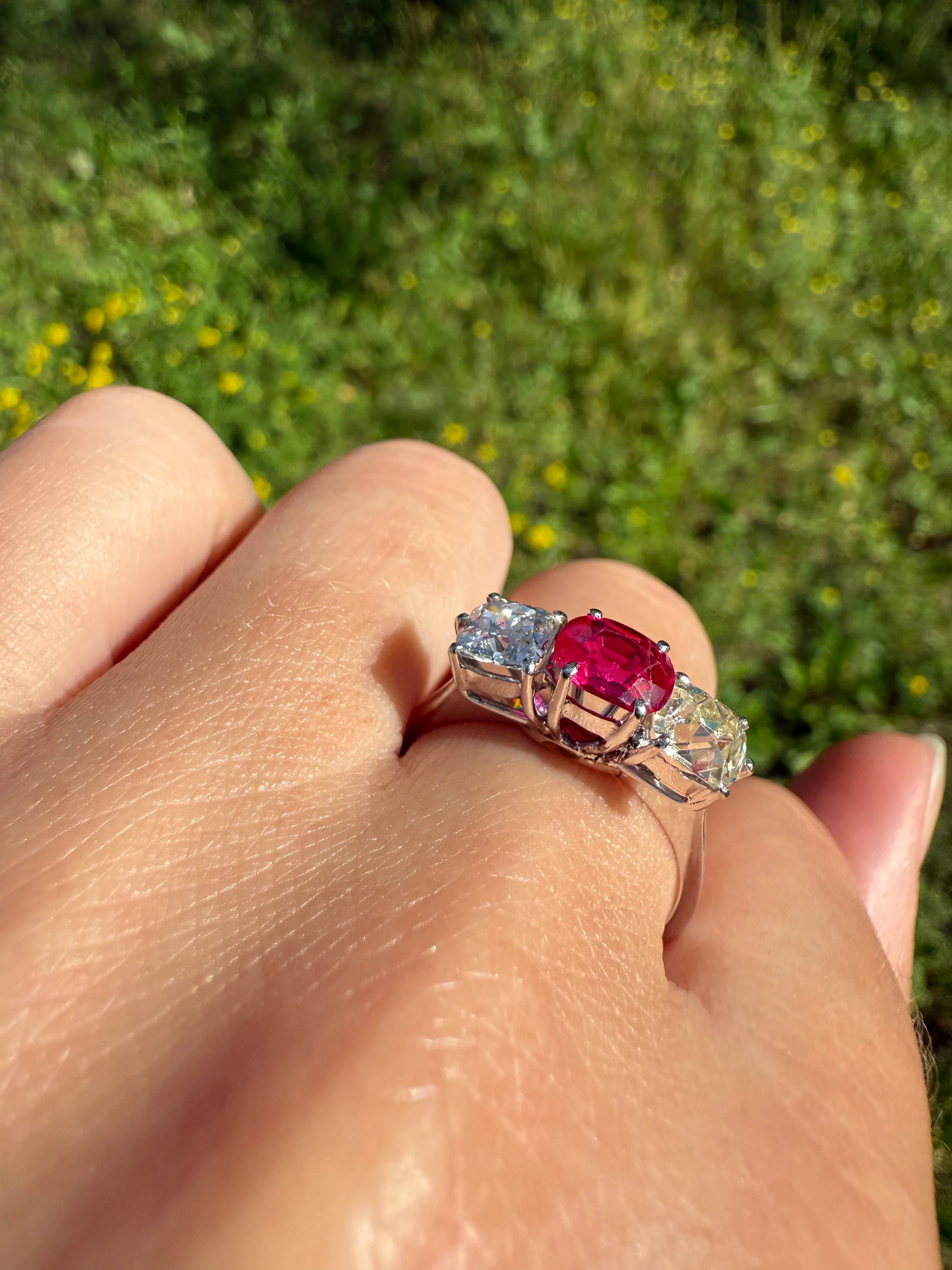 TALL Three Stone Square 1.2Ctw Tdw Old Mine Cut DIAMOND Natural Ruby 18k White Gold Ring Unique Stacker Setting Stackable Pinkish Red - Image 24