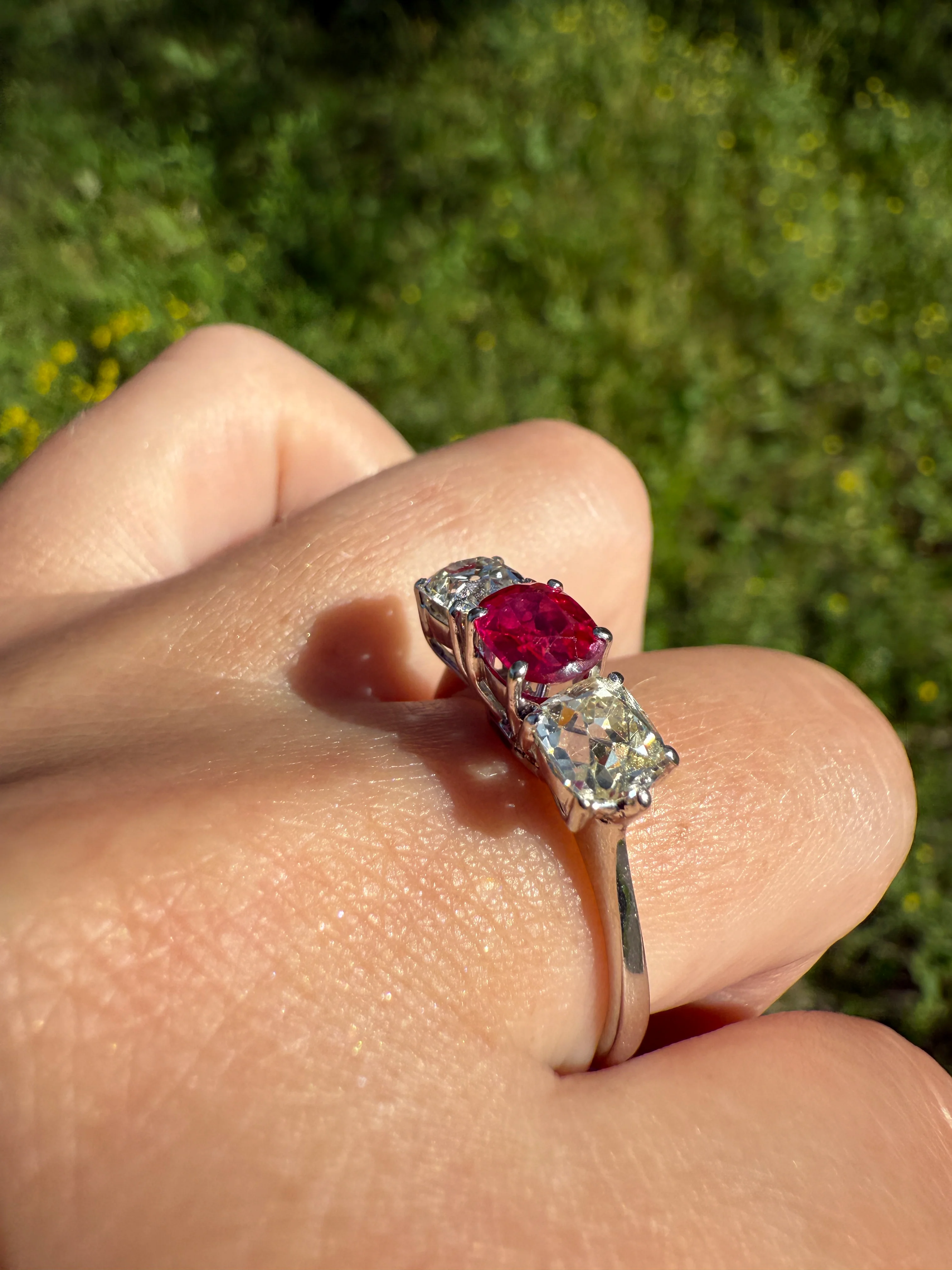 TALL Three Stone Square 1.2Ctw Tdw Old Mine Cut DIAMOND Natural Ruby 18k White Gold Ring Unique Stacker Setting Stackable Pinkish Red - Image 25