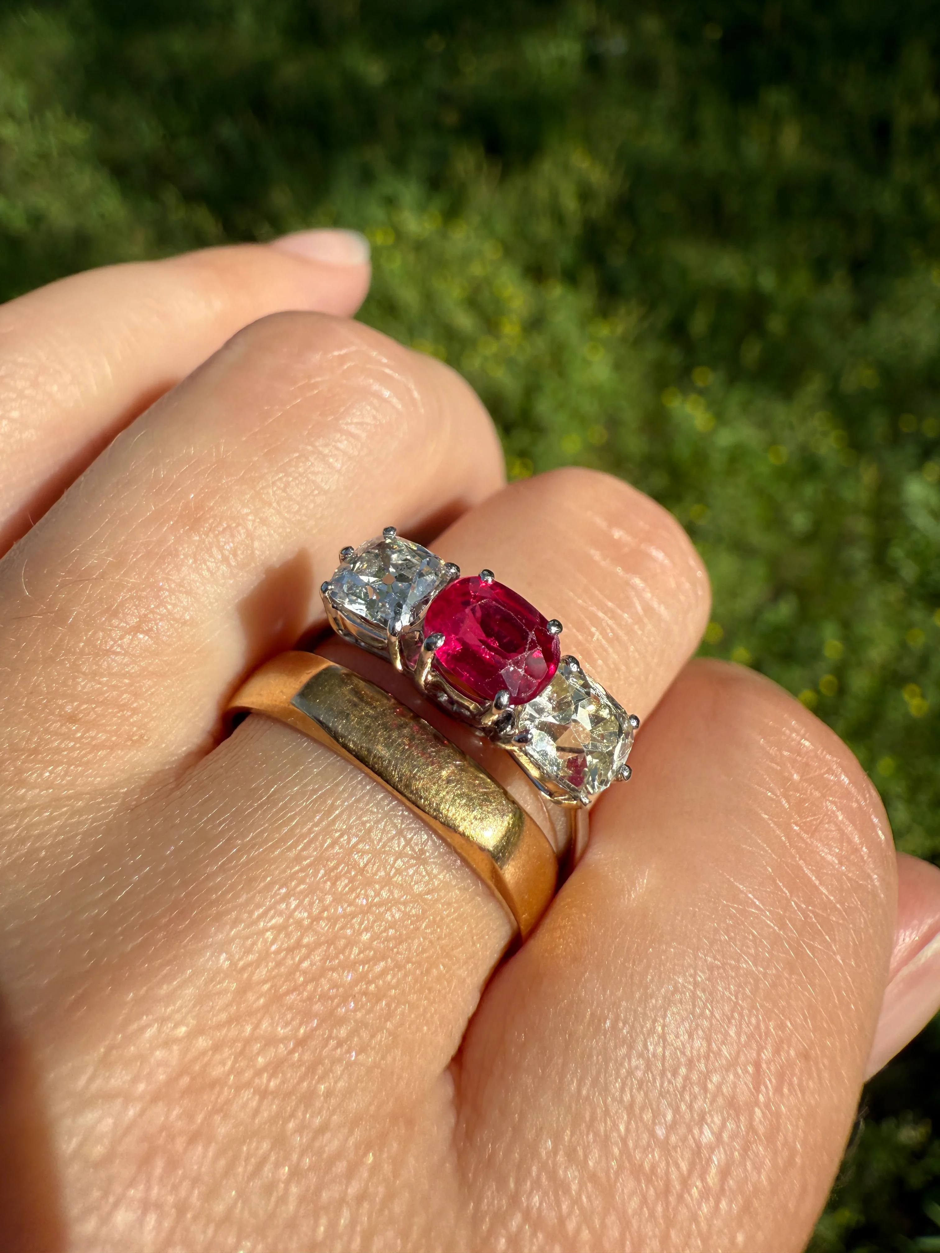 TALL Three Stone Square 1.2Ctw Tdw Old Mine Cut DIAMOND Natural Ruby 18k White Gold Ring Unique Stacker Setting Stackable Pinkish Red - Image 26