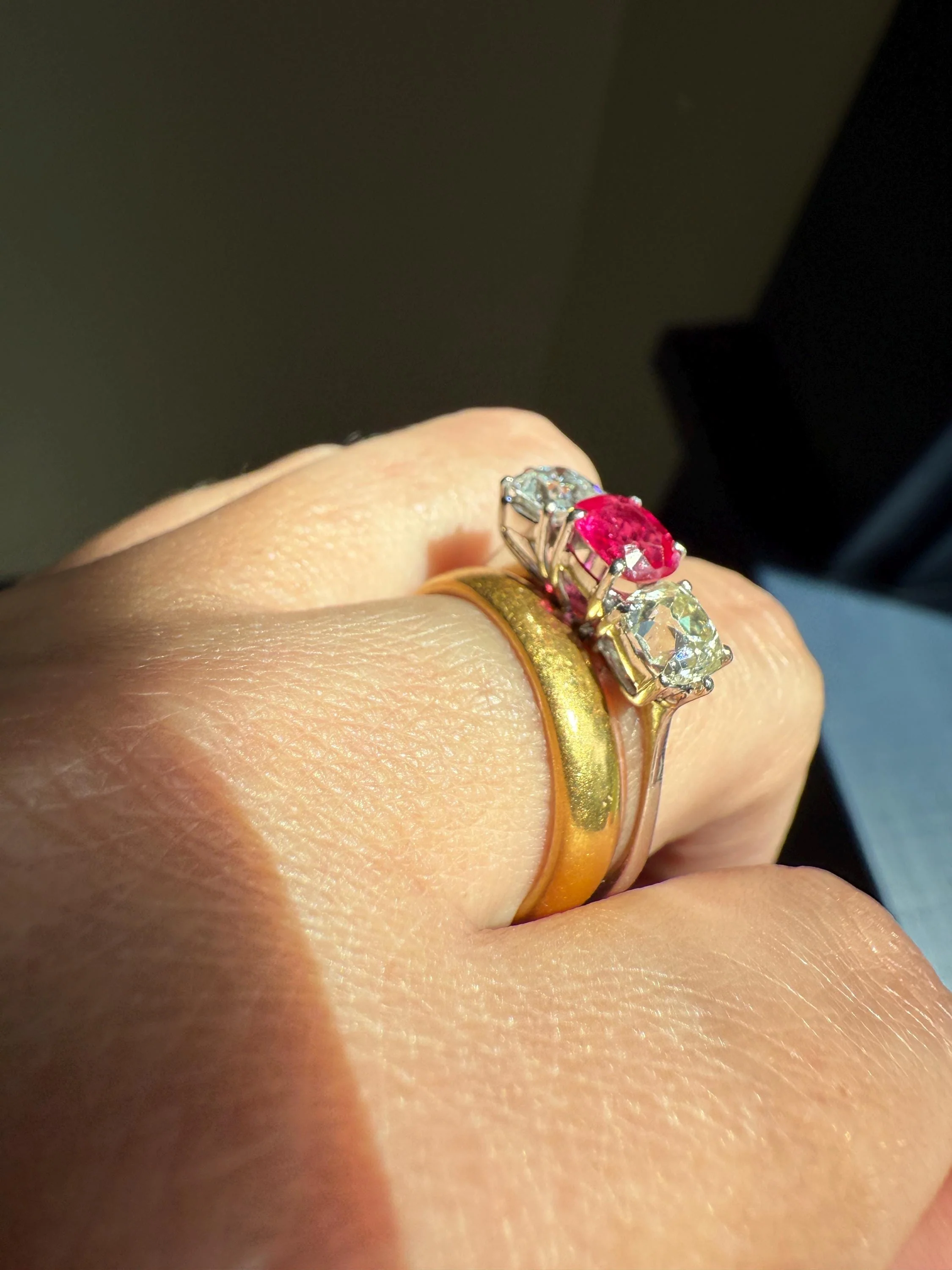 TALL Three Stone Square 1.2Ctw Tdw Old Mine Cut DIAMOND Natural Ruby 18k White Gold Ring Unique Stacker Setting Stackable Pinkish Red - Image 3