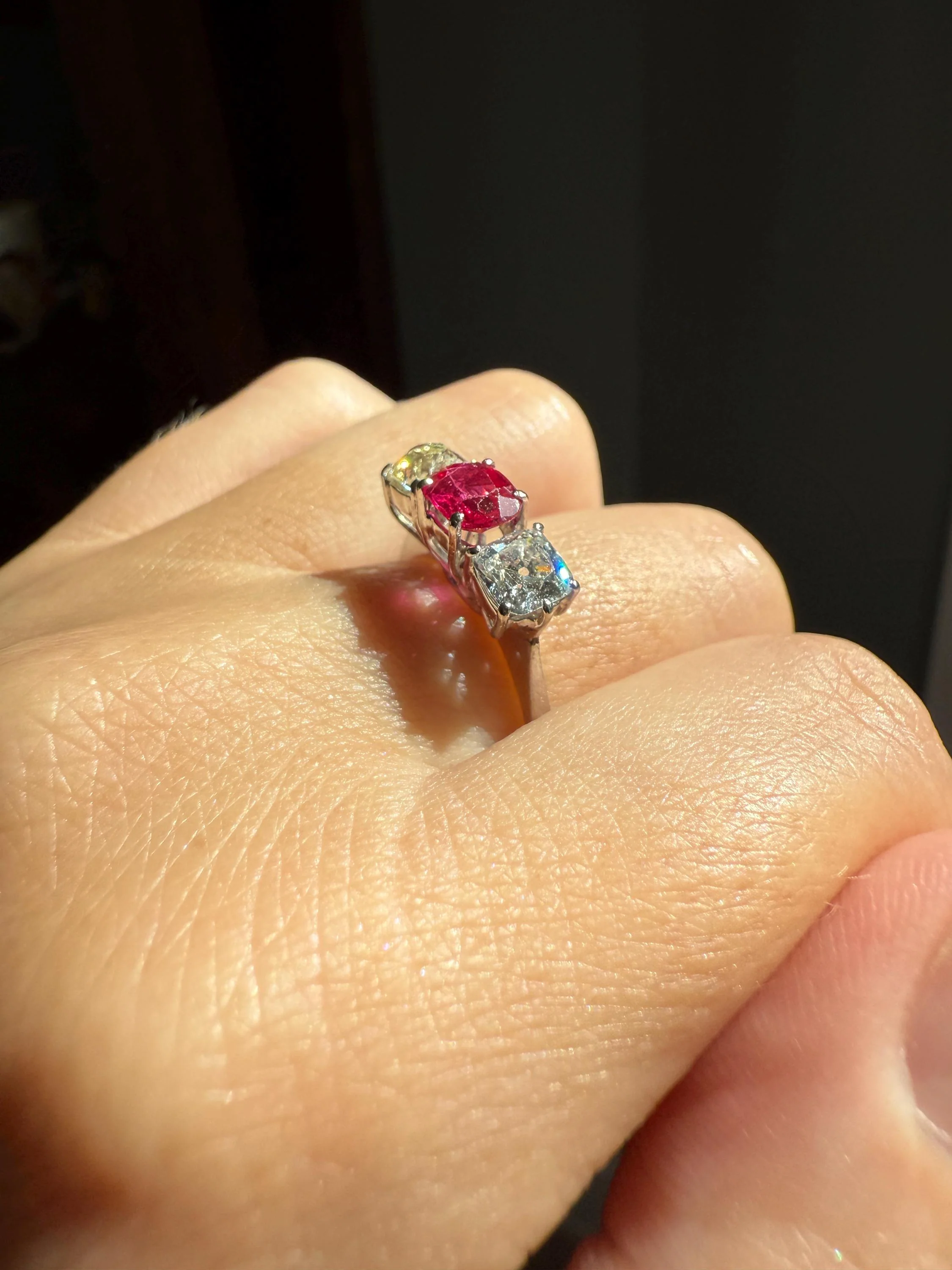 TALL Three Stone Square 1.2Ctw Tdw Old Mine Cut DIAMOND Natural Ruby 18k White Gold Ring Unique Stacker Setting Stackable Pinkish Red - Image 5