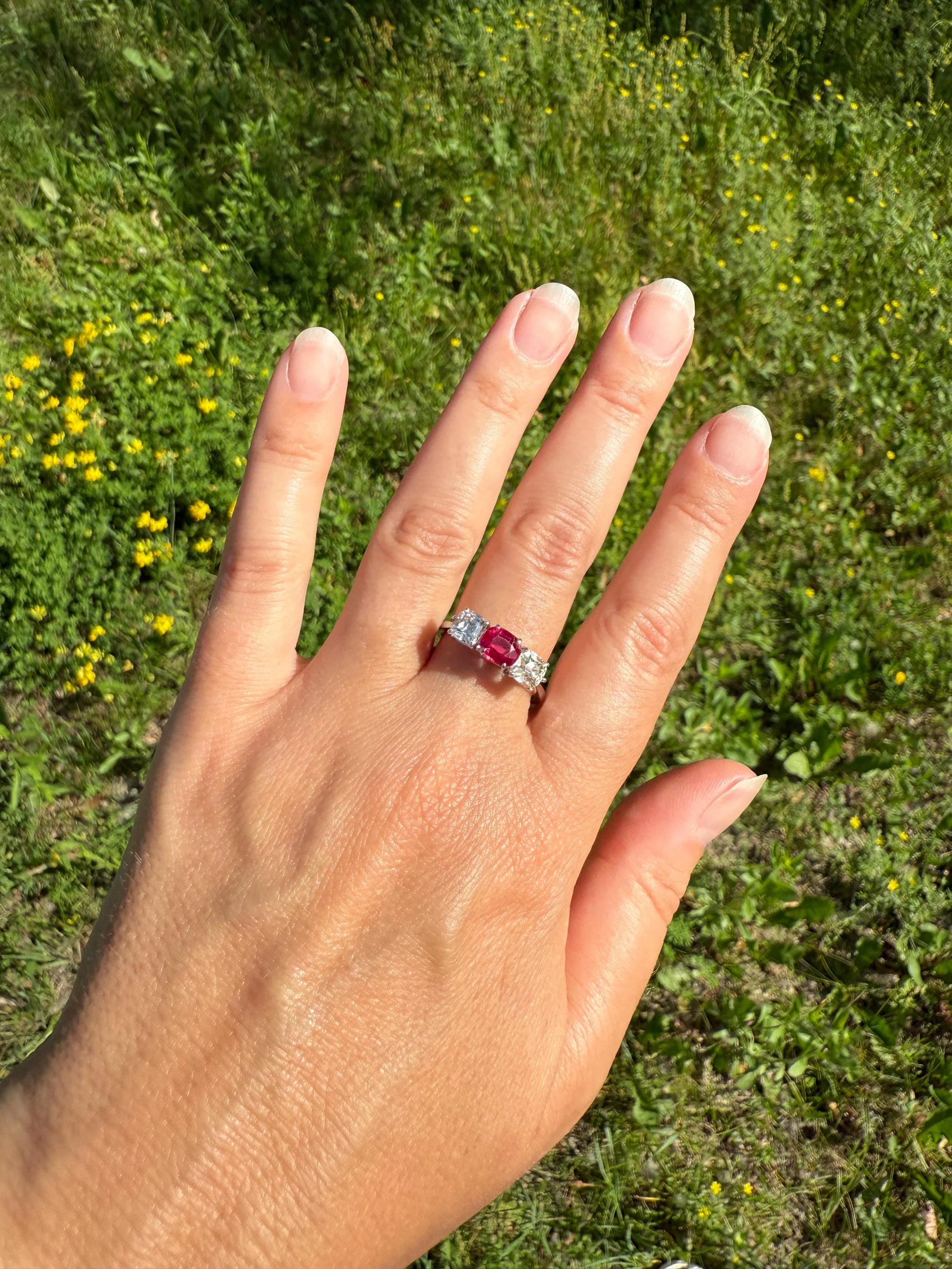 TALL Three Stone Square 1.2Ctw Tdw Old Mine Cut DIAMOND Natural Ruby 18k White Gold Ring Unique Stacker Setting Stackable Pinkish Red - Image 6