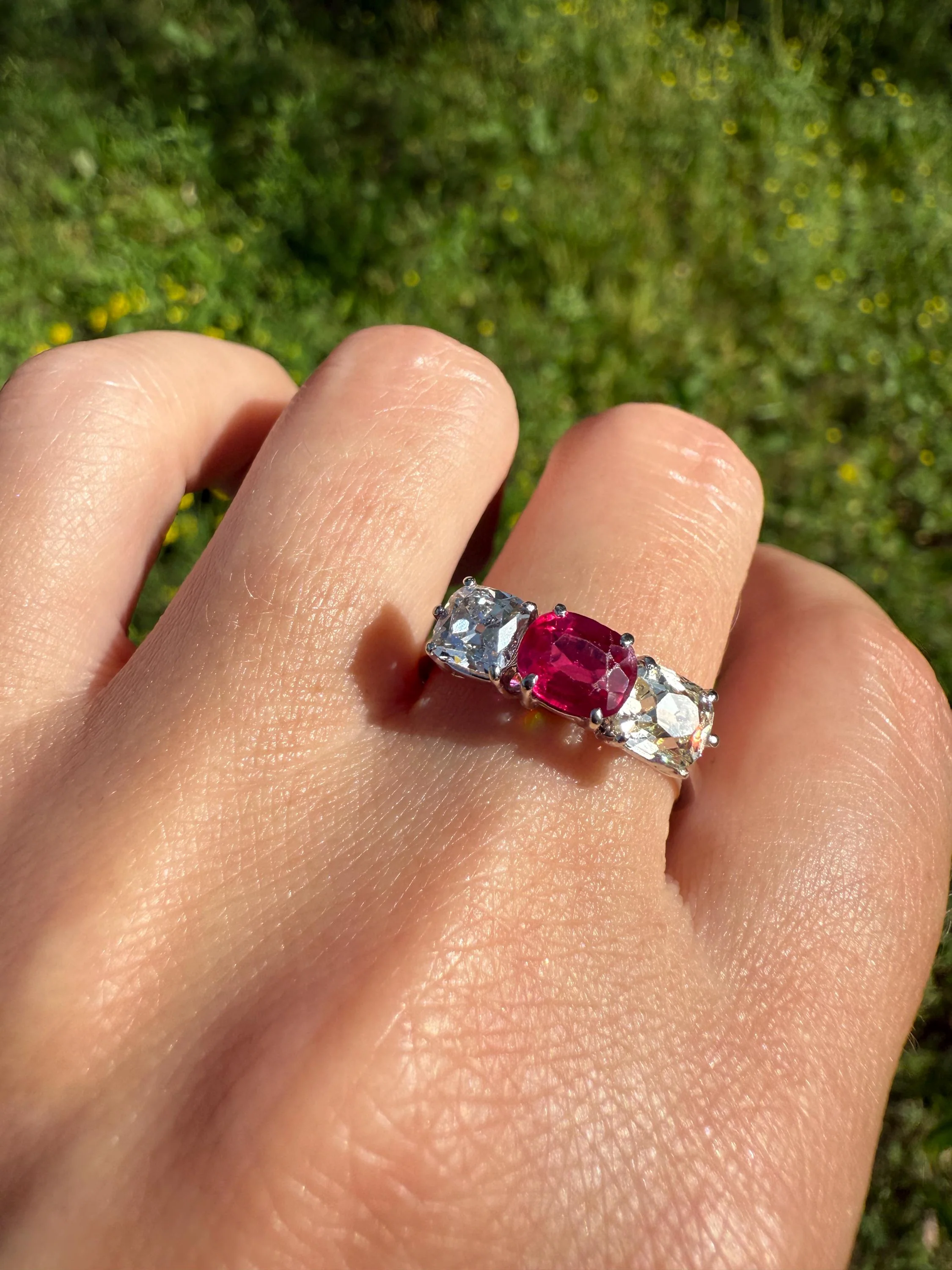 TALL Three Stone Square 1.2Ctw Tdw Old Mine Cut DIAMOND Natural Ruby 18k White Gold Ring Unique Stacker Setting Stackable Pinkish Red - Image 7