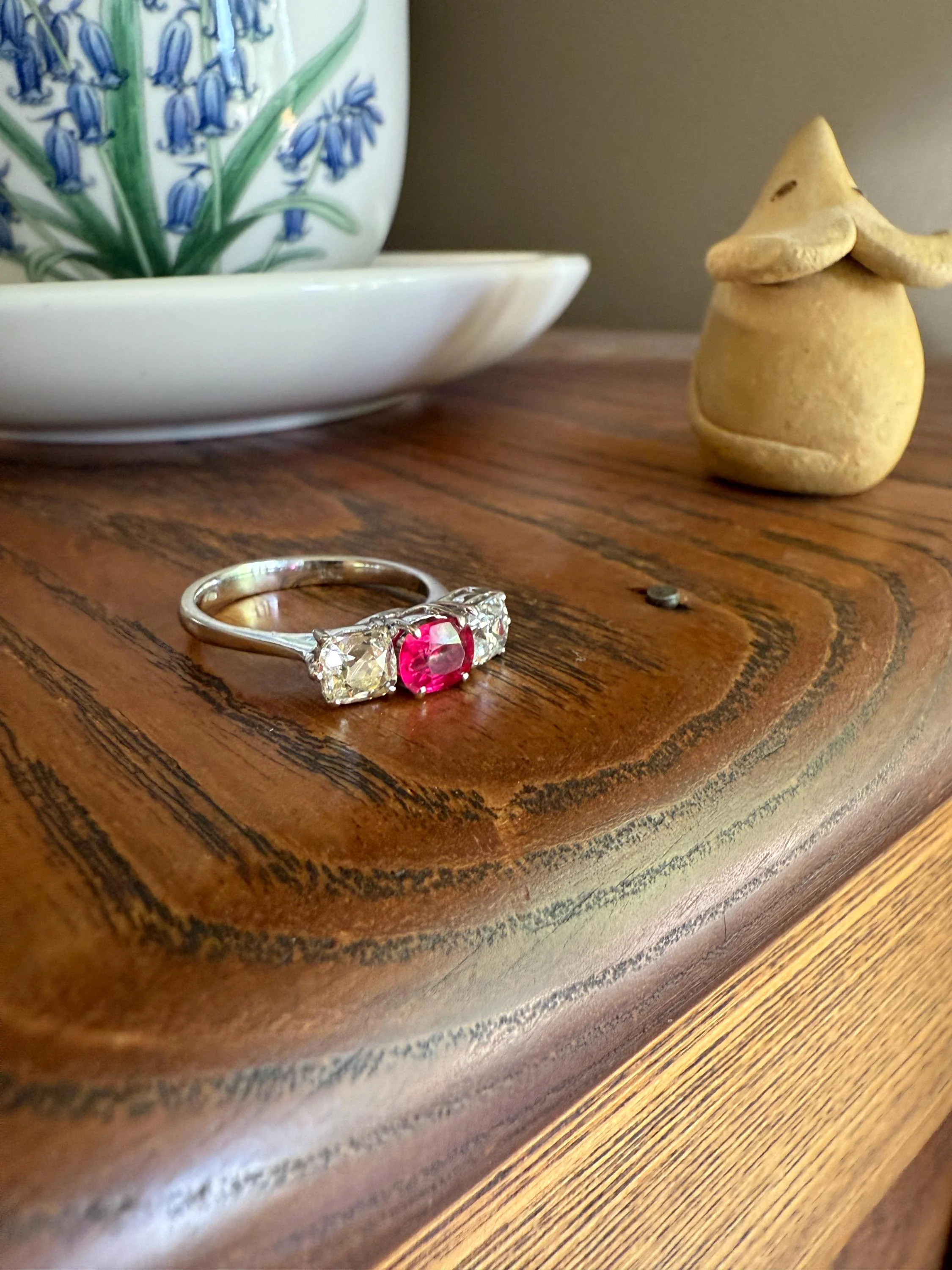 TALL Three Stone Square 1.2Ctw Tdw Old Mine Cut DIAMOND Natural Ruby 18k White Gold Ring Unique Stacker Setting Stackable Pinkish Red - Image 8