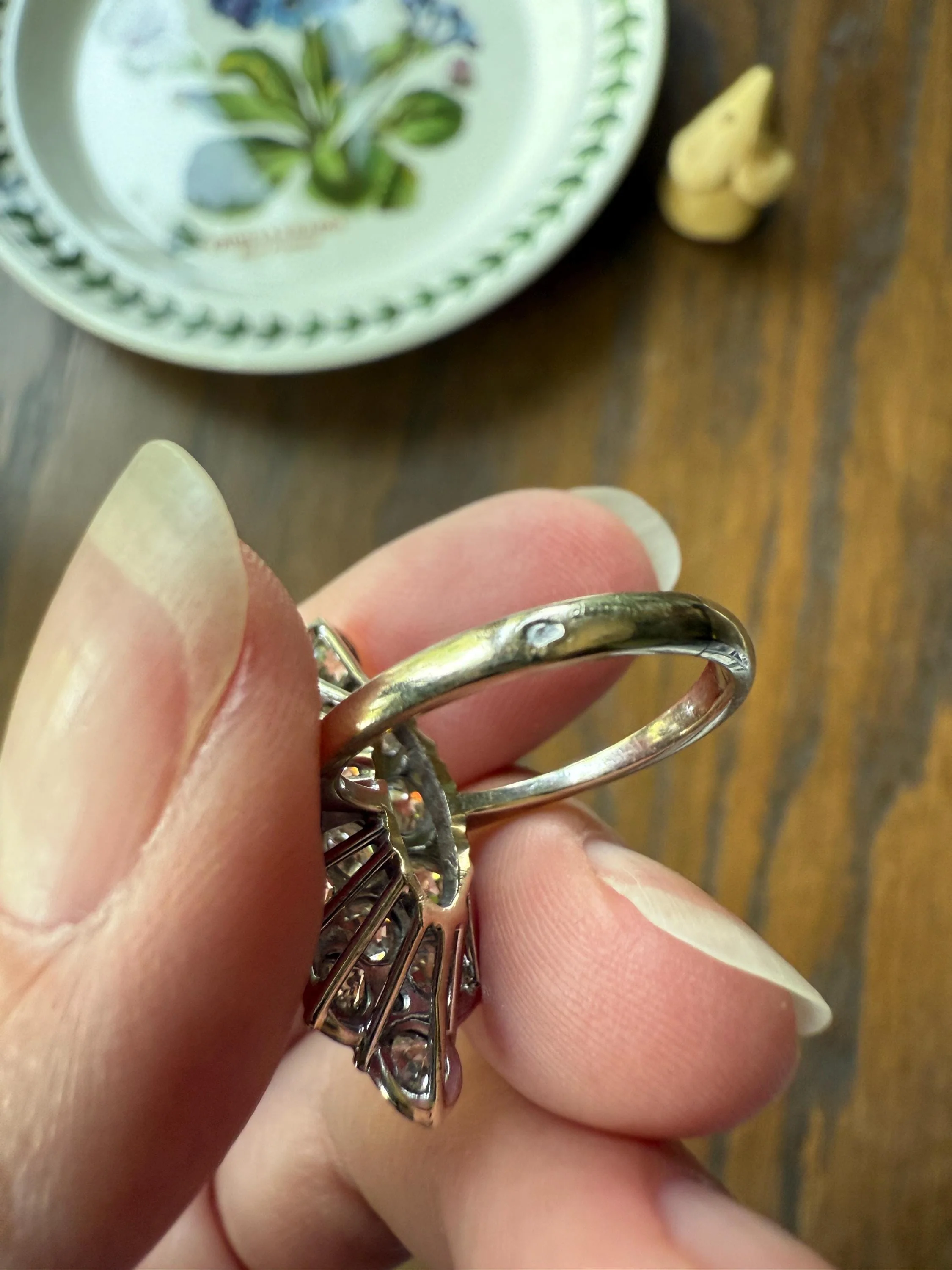TALL Unique 2.3 Carat Old Mine Cut DIAMOND Navette Cluster Ring French Vintage 18k White Gold Demi Bezel Halo Cobblestone Texture 2.3Ctw OMC - Image 10
