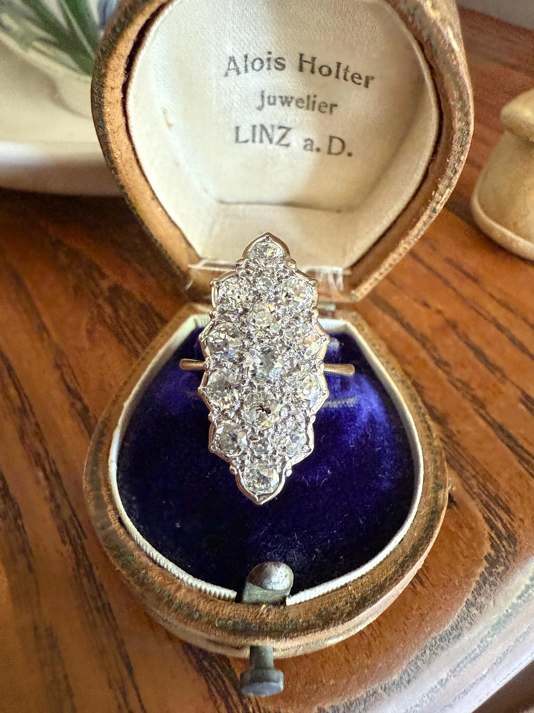 TALL Unique 2.3 Carat Old Mine Cut DIAMOND Navette Cluster Ring French Vintage 18k White Gold Demi Bezel Halo Cobblestone Texture 2.3Ctw OMC - Image 11