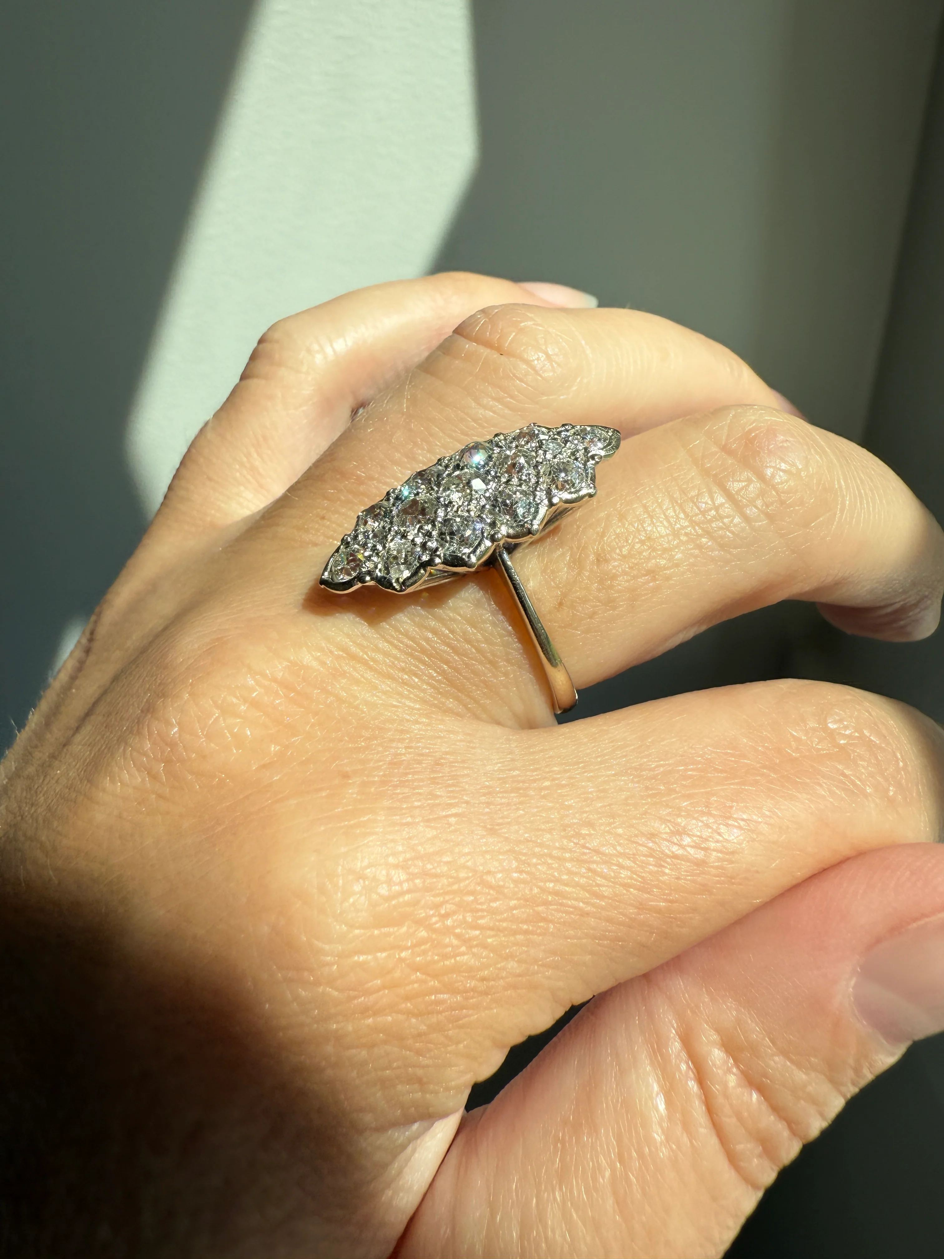 TALL Unique 2.3 Carat Old Mine Cut DIAMOND Navette Cluster Ring French Vintage 18k White Gold Demi Bezel Halo Cobblestone Texture 2.3Ctw OMC - Image 12
