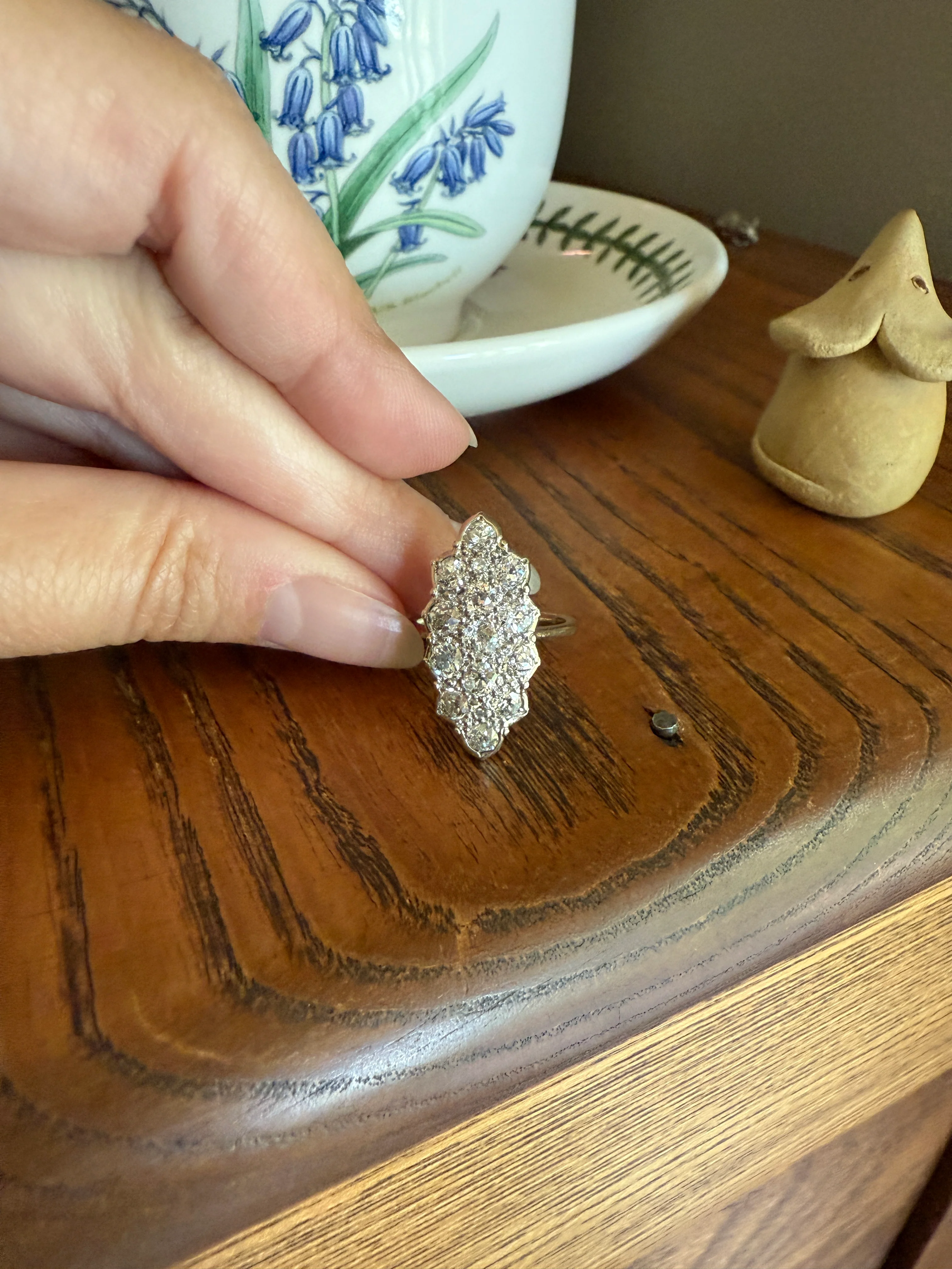 TALL Unique 2.3 Carat Old Mine Cut DIAMOND Navette Cluster Ring French Vintage 18k White Gold Demi Bezel Halo Cobblestone Texture 2.3Ctw OMC - Image 13