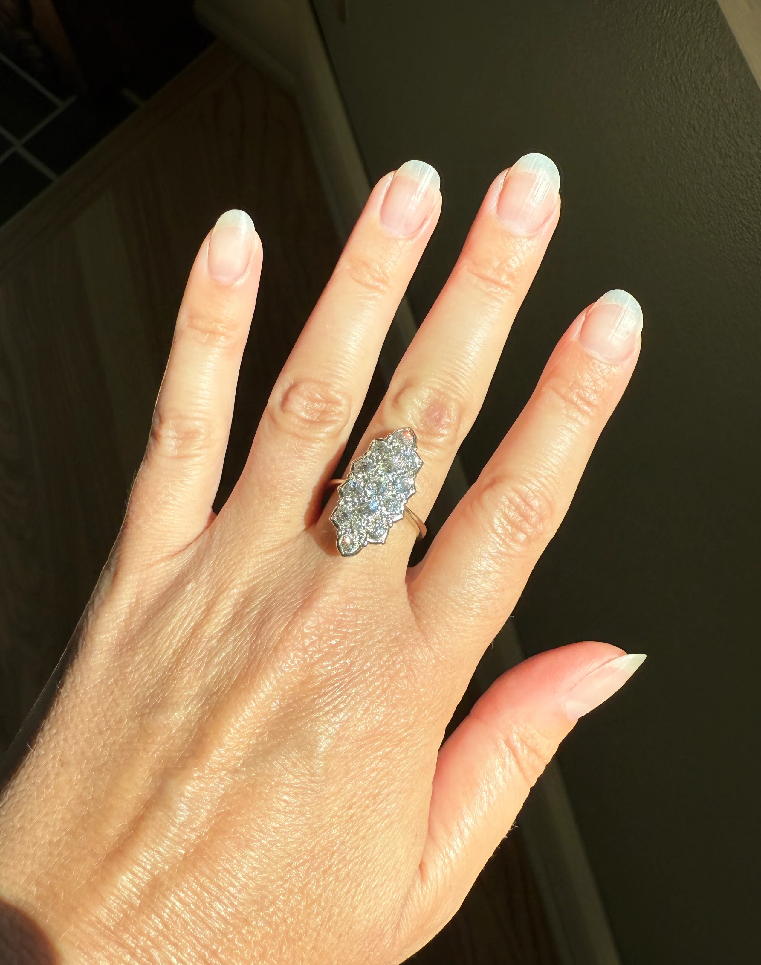 TALL Unique 2.3 Carat Old Mine Cut DIAMOND Navette Cluster Ring French Vintage 18k White Gold Demi Bezel Halo Cobblestone Texture 2.3Ctw OMC - Image 14
