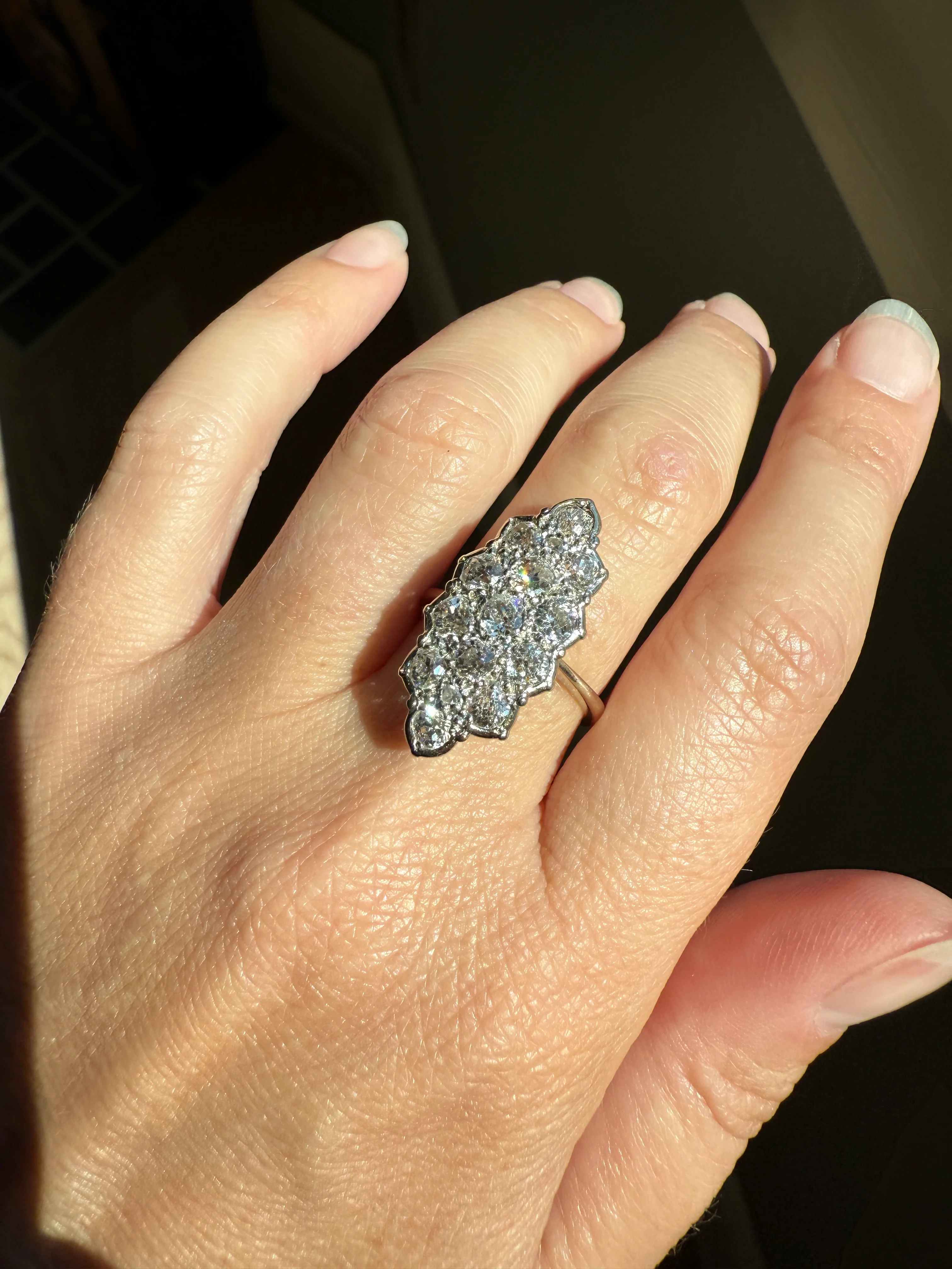 TALL Unique 2.3 Carat Old Mine Cut DIAMOND Navette Cluster Ring French Vintage 18k White Gold Demi Bezel Halo Cobblestone Texture 2.3Ctw OMC - Image 15