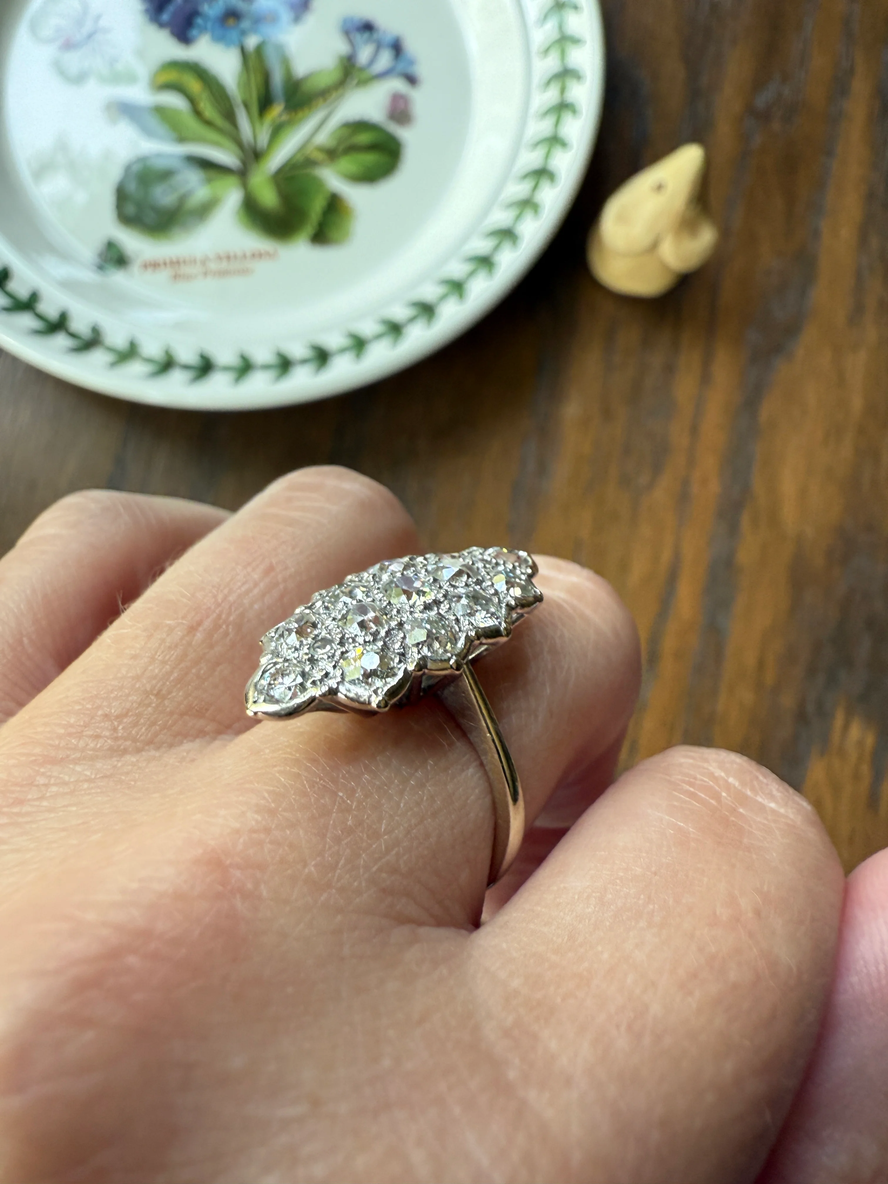 TALL Unique 2.3 Carat Old Mine Cut DIAMOND Navette Cluster Ring French Vintage 18k White Gold Demi Bezel Halo Cobblestone Texture 2.3Ctw OMC - Image 16