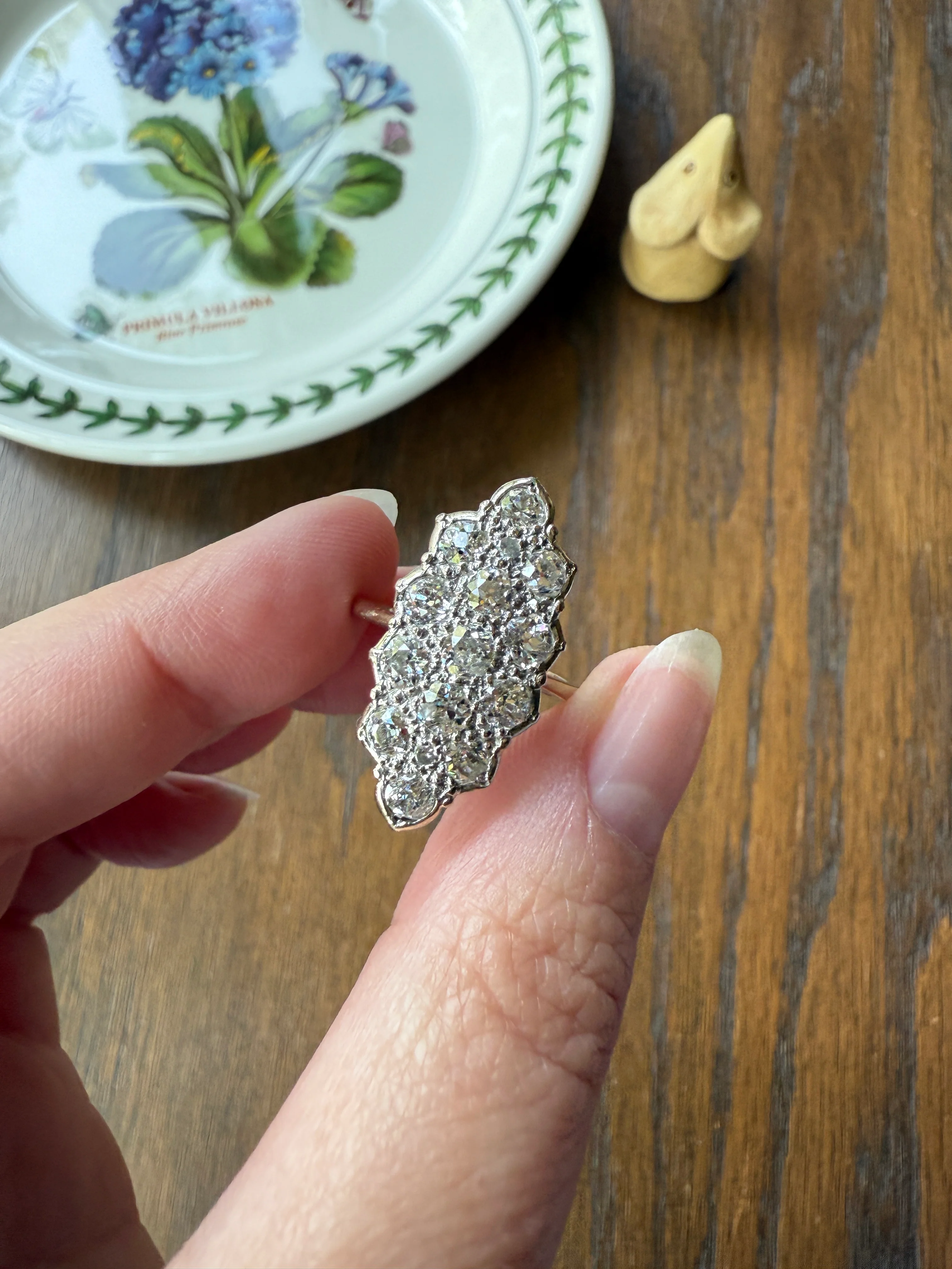 TALL Unique 2.3 Carat Old Mine Cut DIAMOND Navette Cluster Ring French Vintage 18k White Gold Demi Bezel Halo Cobblestone Texture 2.3Ctw OMC - Image 17