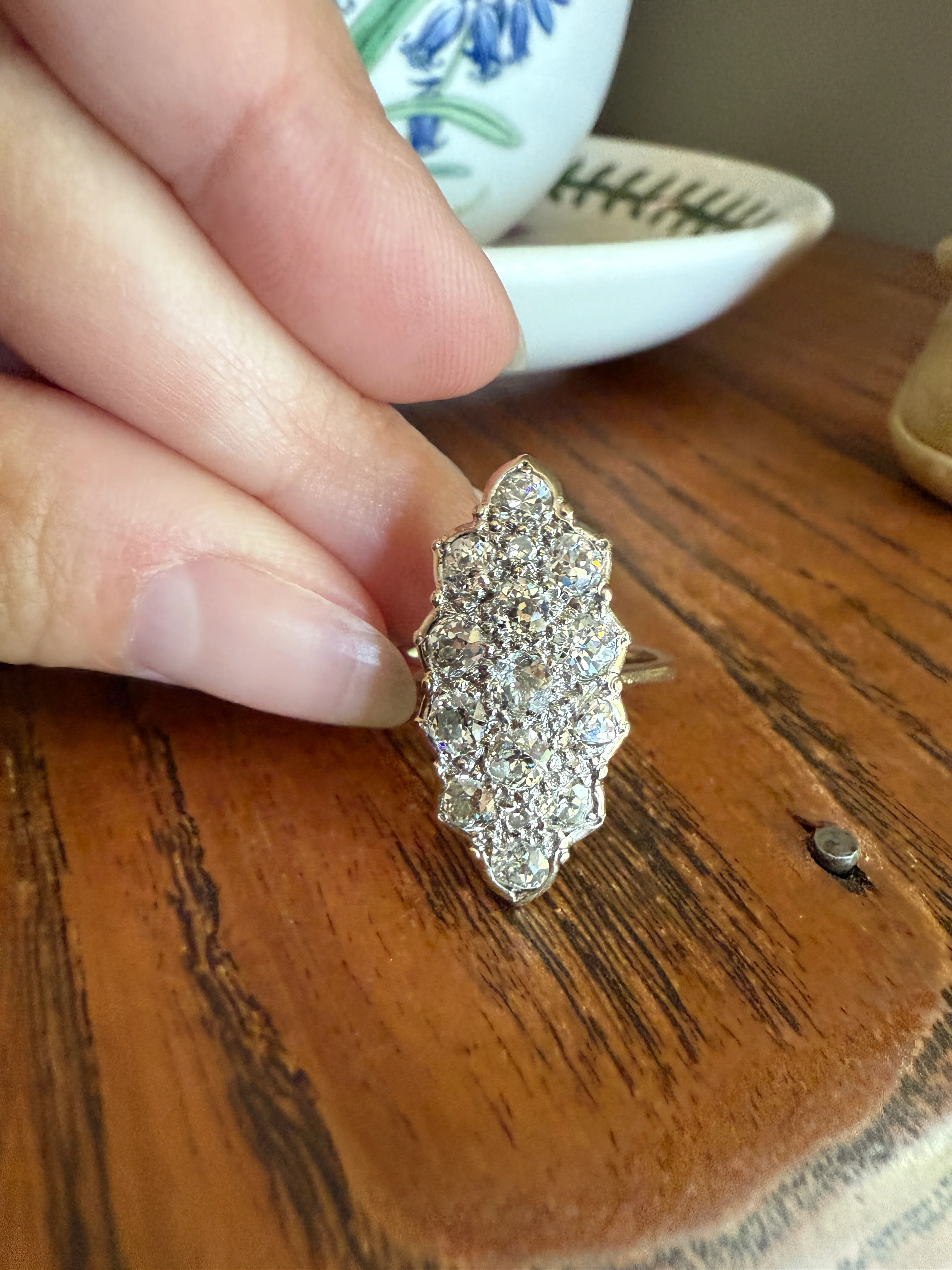 TALL Unique 2.3 Carat Old Mine Cut DIAMOND Navette Cluster Ring French Vintage 18k White Gold Demi Bezel Halo Cobblestone Texture 2.3Ctw OMC - Image 18