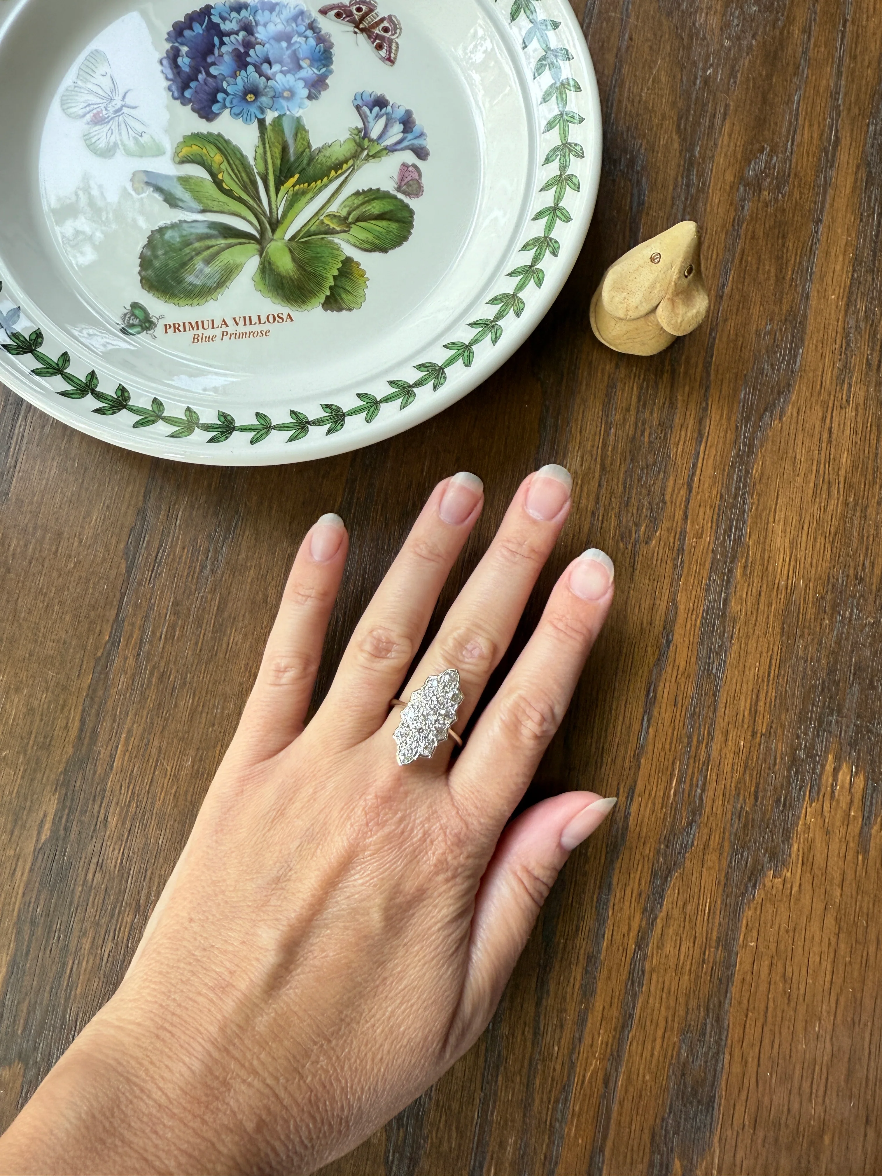 TALL Unique 2.3 Carat Old Mine Cut DIAMOND Navette Cluster Ring French Vintage 18k White Gold Demi Bezel Halo Cobblestone Texture 2.3Ctw OMC - Image 19