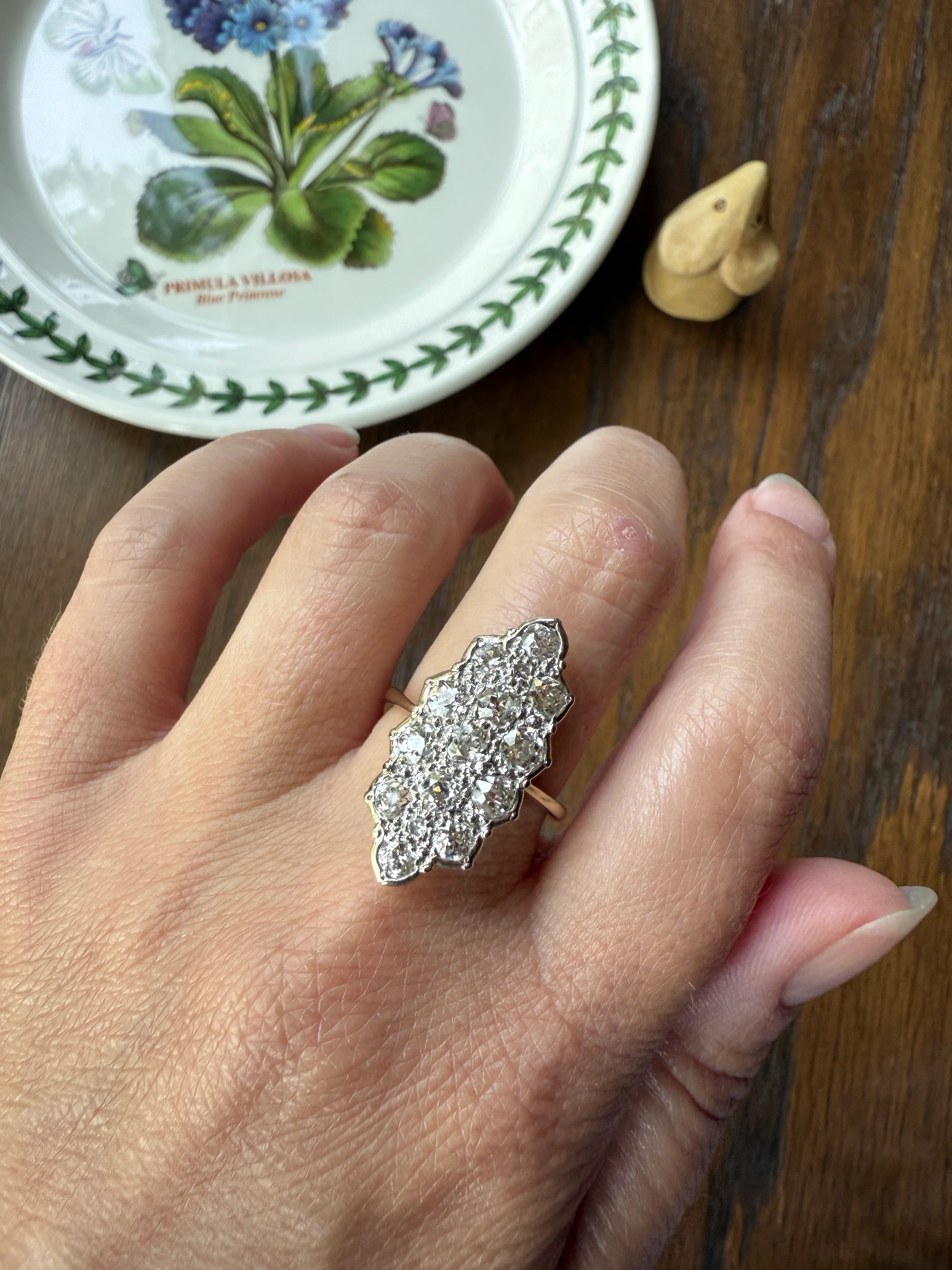 TALL Unique 2.3 Carat Old Mine Cut DIAMOND Navette Cluster Ring French Vintage 18k White Gold Demi Bezel Halo Cobblestone Texture 2.3Ctw OMC - Image 20