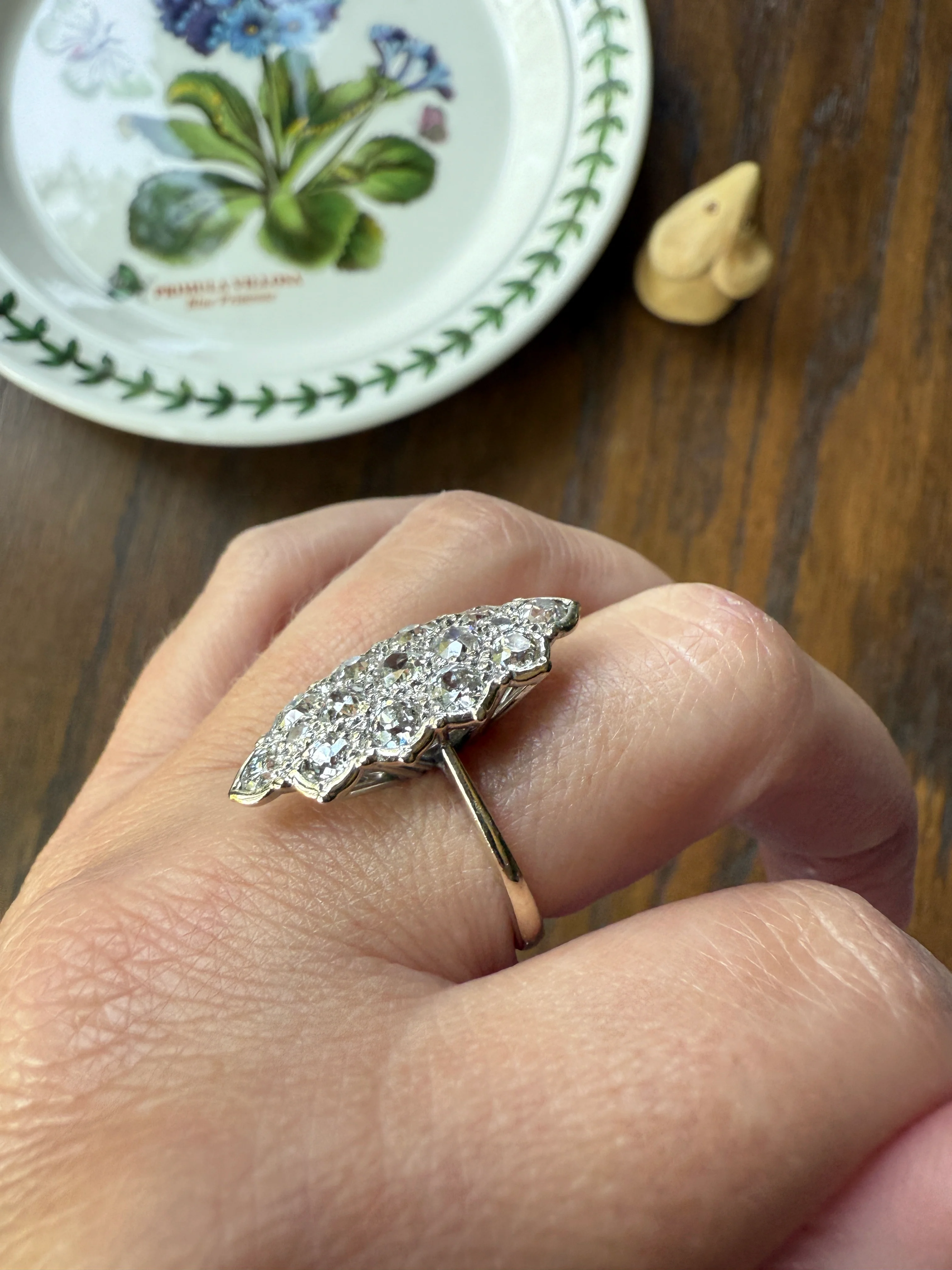 TALL Unique 2.3 Carat Old Mine Cut DIAMOND Navette Cluster Ring French Vintage 18k White Gold Demi Bezel Halo Cobblestone Texture 2.3Ctw OMC - Image 21