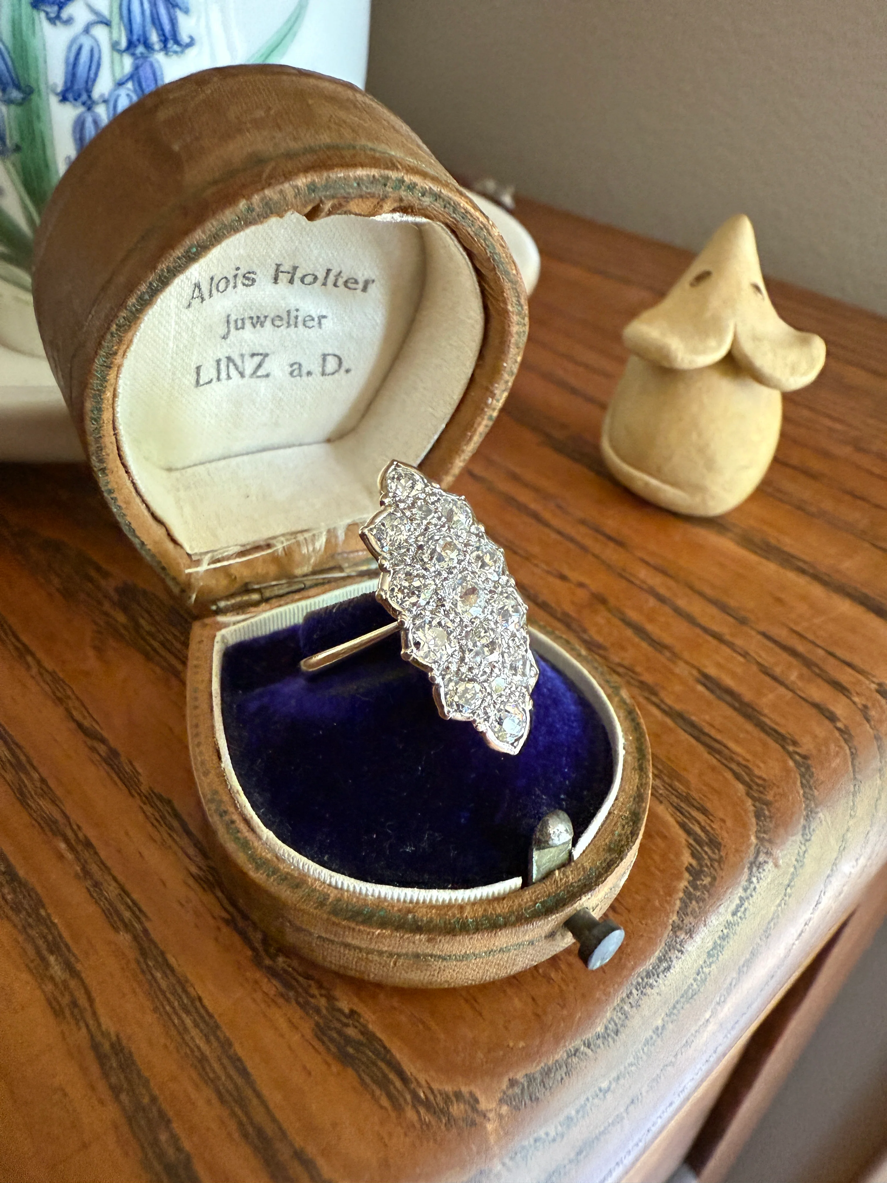 TALL Unique 2.3 Carat Old Mine Cut DIAMOND Navette Cluster Ring French Vintage 18k White Gold Demi Bezel Halo Cobblestone Texture 2.3Ctw OMC - Image 23