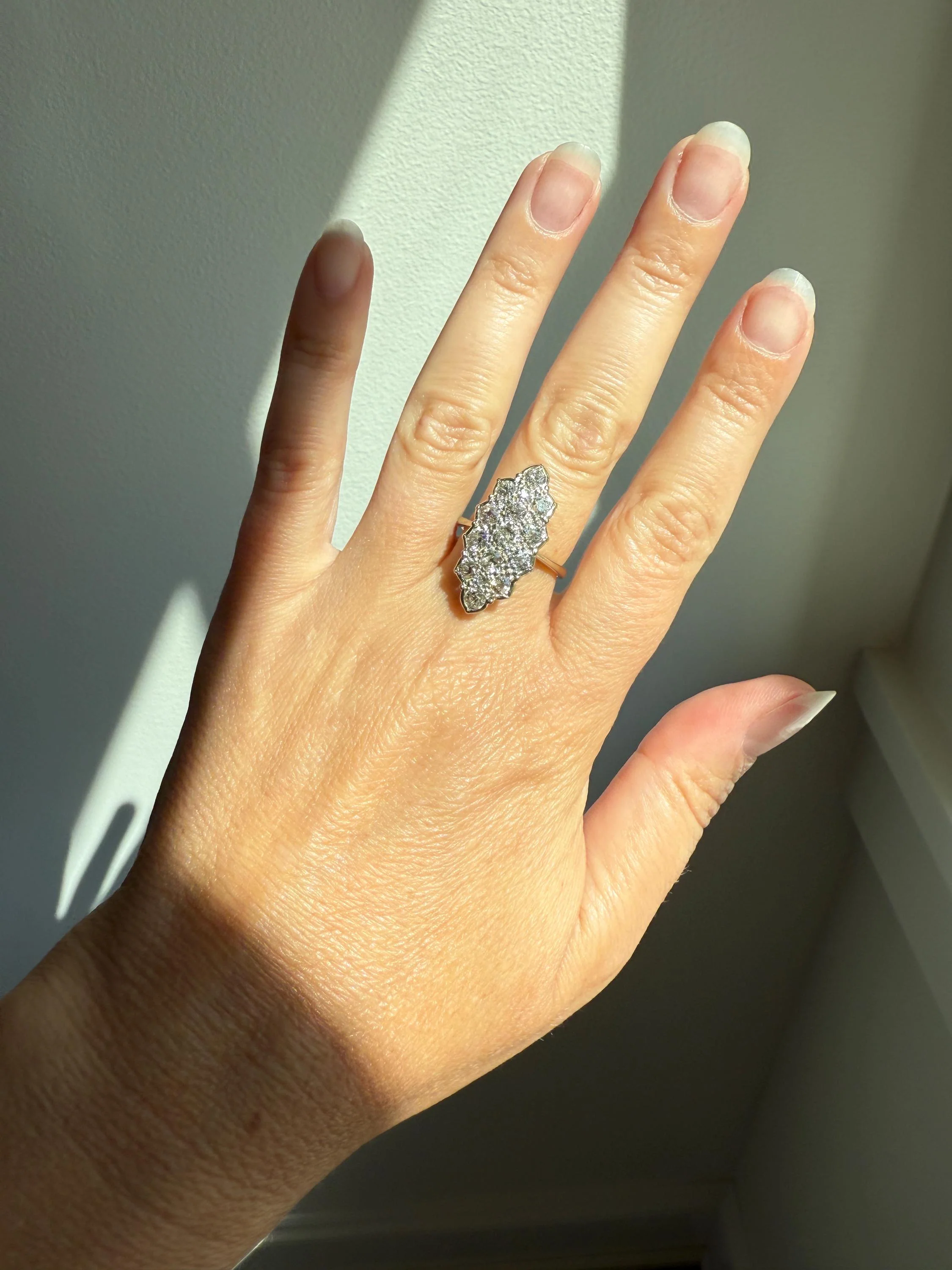 TALL Unique 2.3 Carat Old Mine Cut DIAMOND Navette Cluster Ring French Vintage 18k White Gold Demi Bezel Halo Cobblestone Texture 2.3Ctw OMC - Image 3