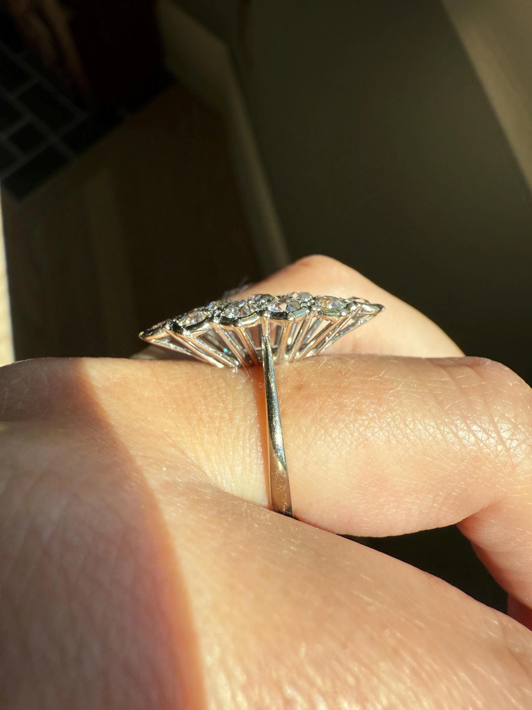 TALL Unique 2.3 Carat Old Mine Cut DIAMOND Navette Cluster Ring French Vintage 18k White Gold Demi Bezel Halo Cobblestone Texture 2.3Ctw OMC - Image 4