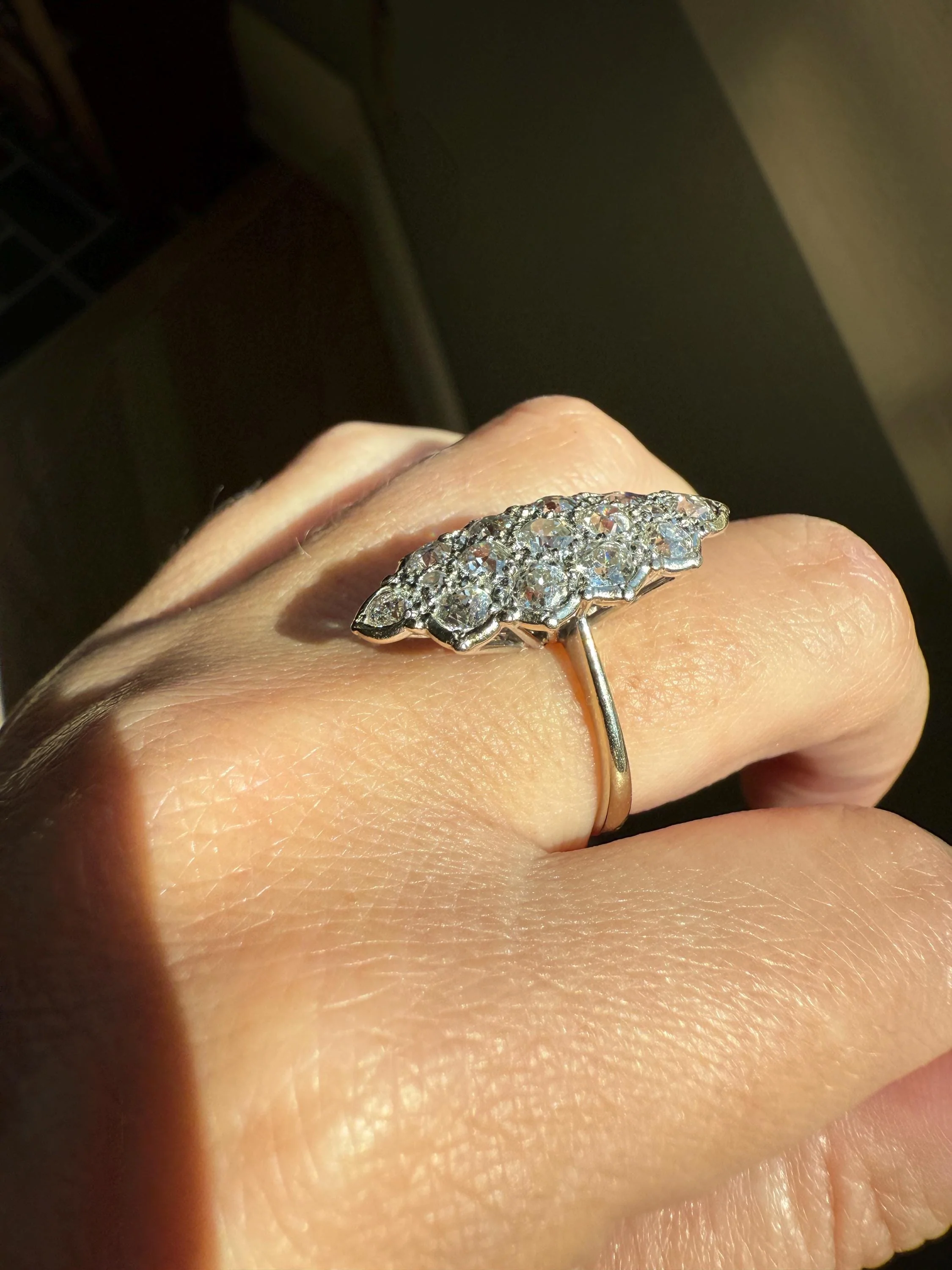 TALL Unique 2.3 Carat Old Mine Cut DIAMOND Navette Cluster Ring French Vintage 18k White Gold Demi Bezel Halo Cobblestone Texture 2.3Ctw OMC - Image 5