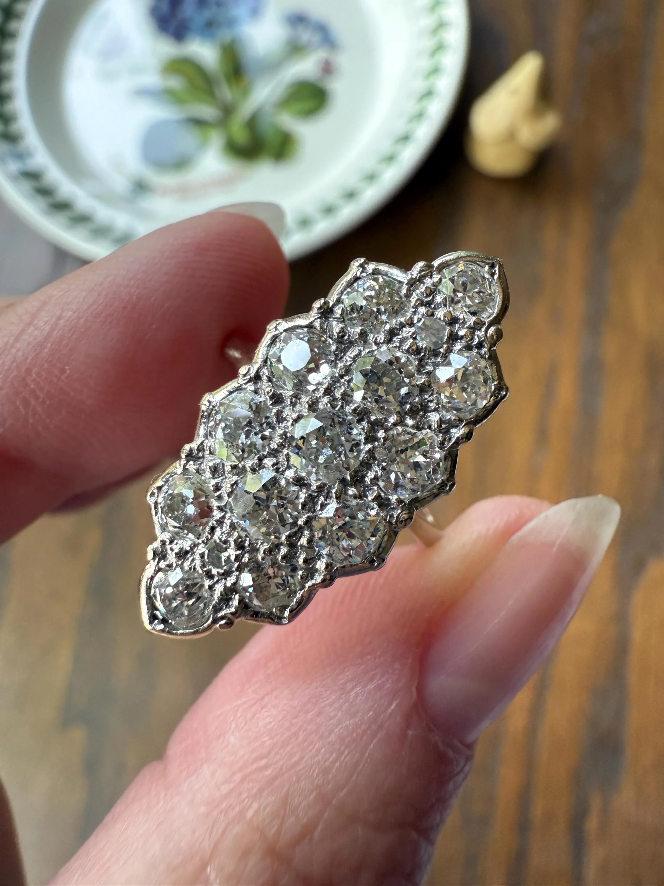 TALL Unique 2.3 Carat Old Mine Cut DIAMOND Navette Cluster Ring French Vintage 18k White Gold Demi Bezel Halo Cobblestone Texture 2.3Ctw OMC - Image 6