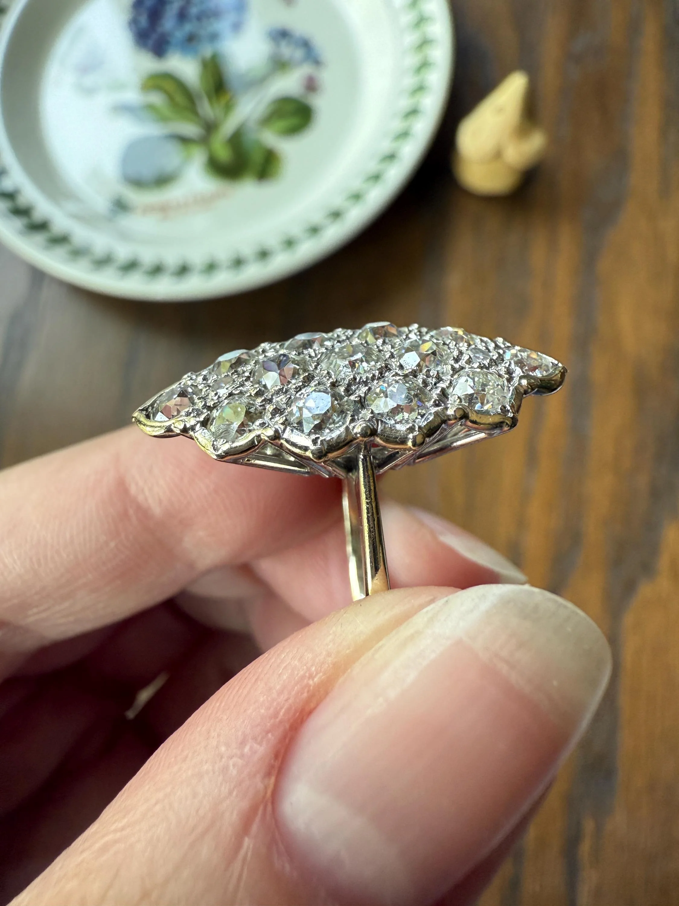 TALL Unique 2.3 Carat Old Mine Cut DIAMOND Navette Cluster Ring French Vintage 18k White Gold Demi Bezel Halo Cobblestone Texture 2.3Ctw OMC - Image 7