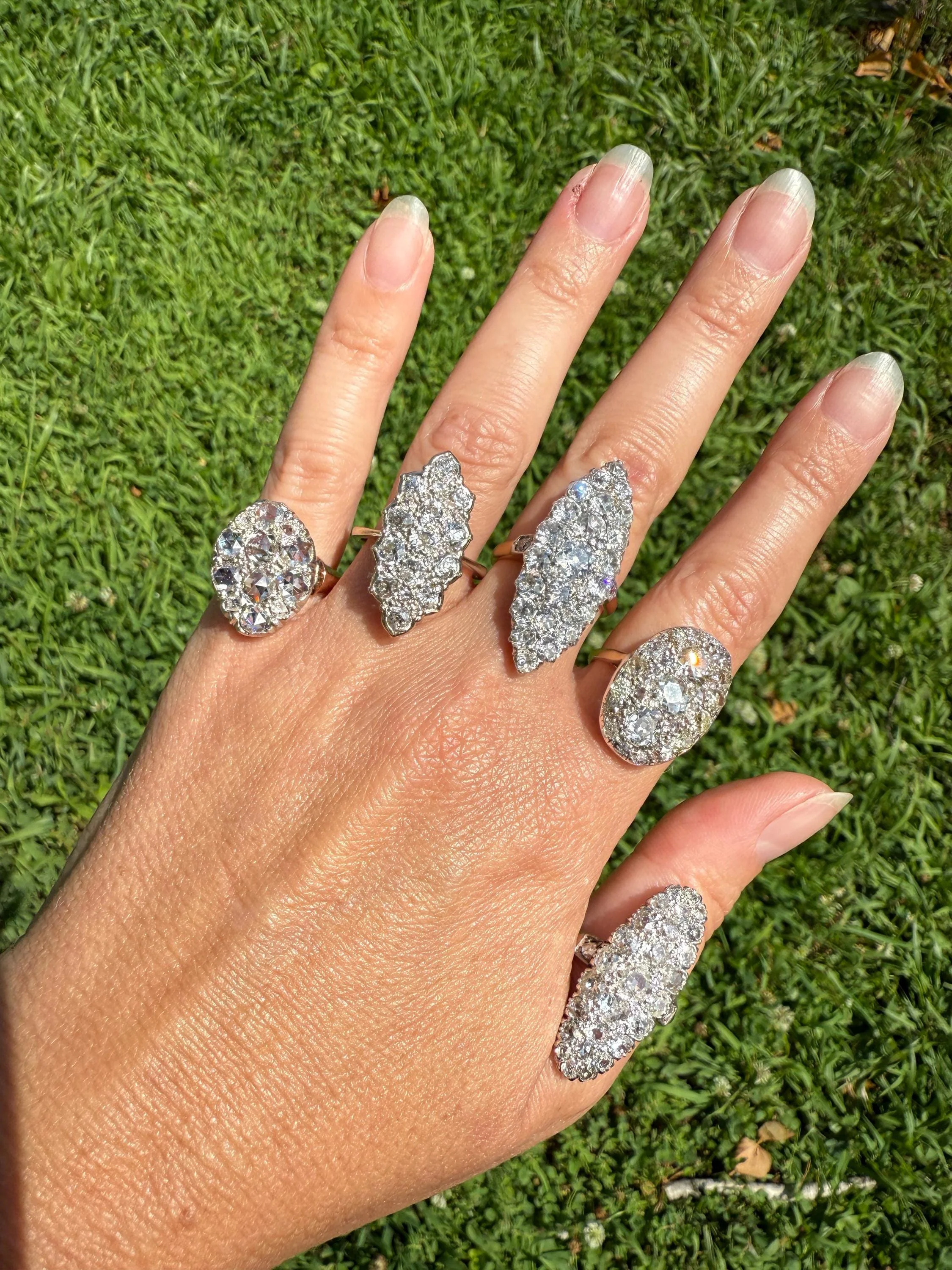 TALL Unique 2.3 Carat Old Mine Cut DIAMOND Navette Cluster Ring French Vintage 18k White Gold Demi Bezel Halo Cobblestone Texture 2.3Ctw OMC - Image 8