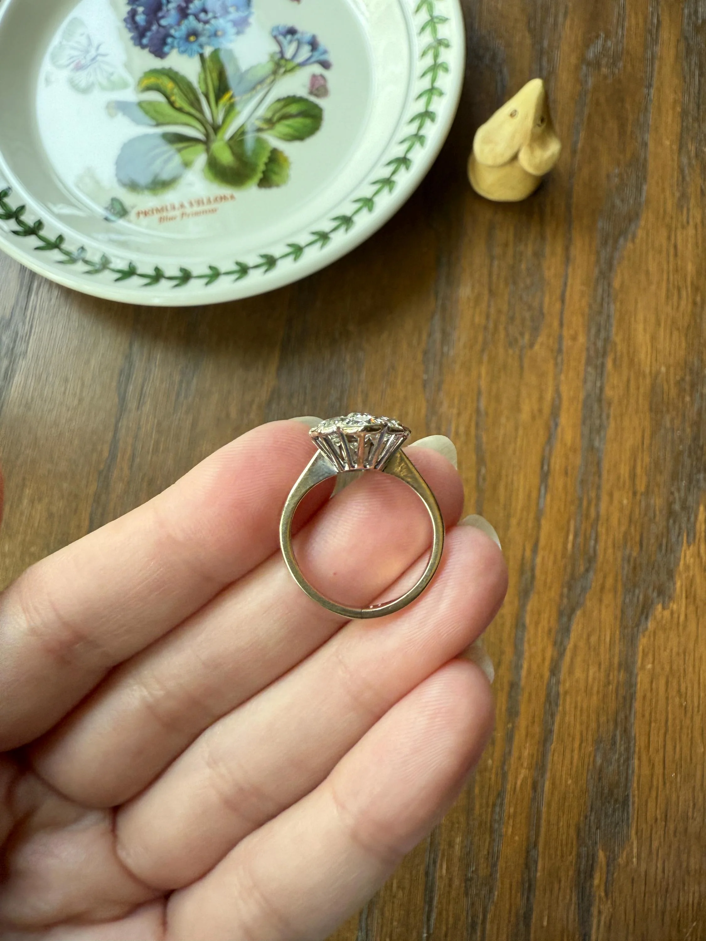TALL Unique 2.3 Carat Old Mine Cut DIAMOND Navette Cluster Ring French Vintage 18k White Gold Demi Bezel Halo Cobblestone Texture 2.3Ctw OMC - Image 9