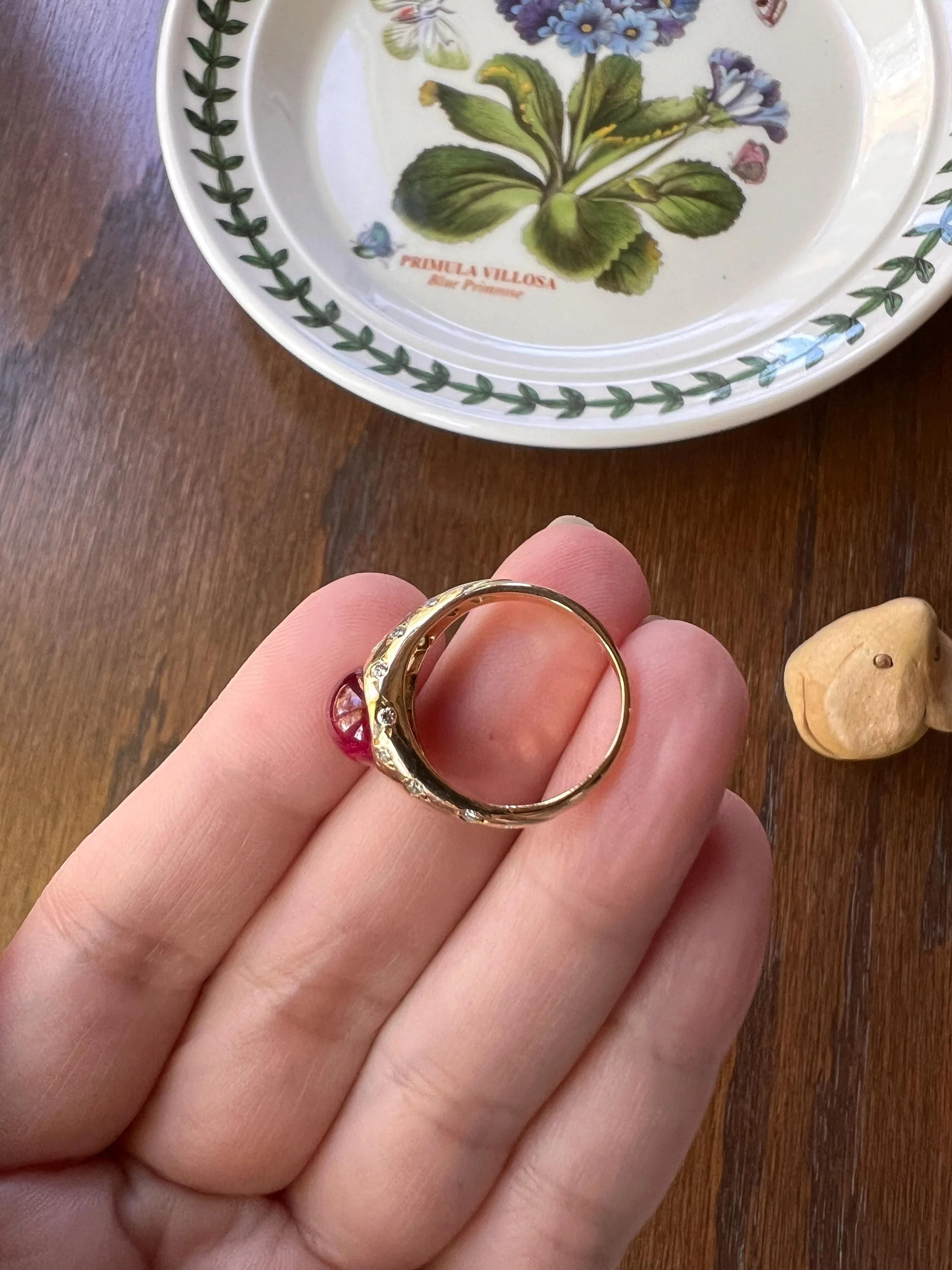 Tall Vintage Pink Ruby Diamond Encrusted Domed Gypsy Ring 18k Gold French Glowing Cabochon - Image 10