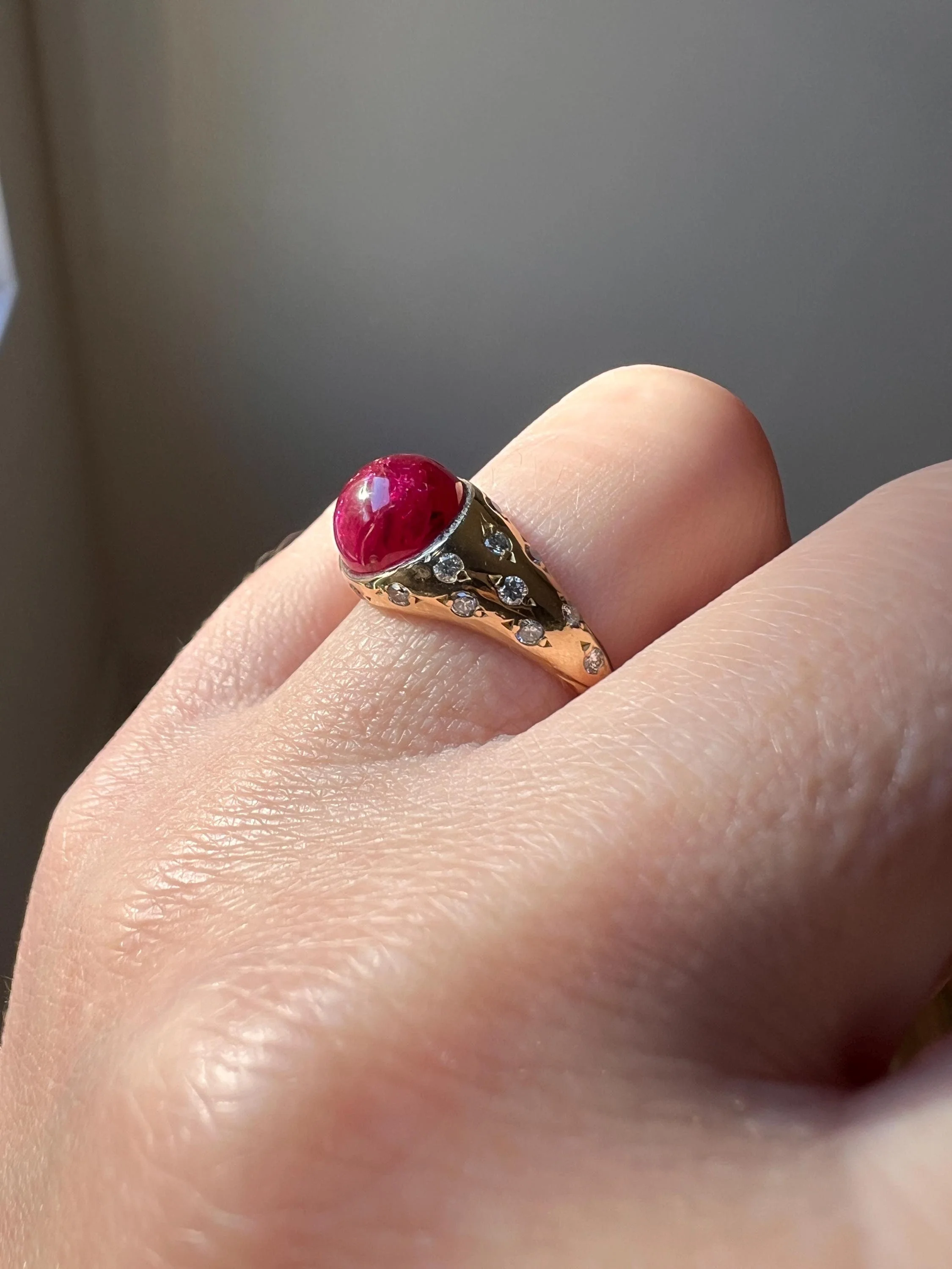 Tall Vintage Pink Ruby Diamond Encrusted Domed Gypsy Ring 18k Gold French Glowing Cabochon - Image 11