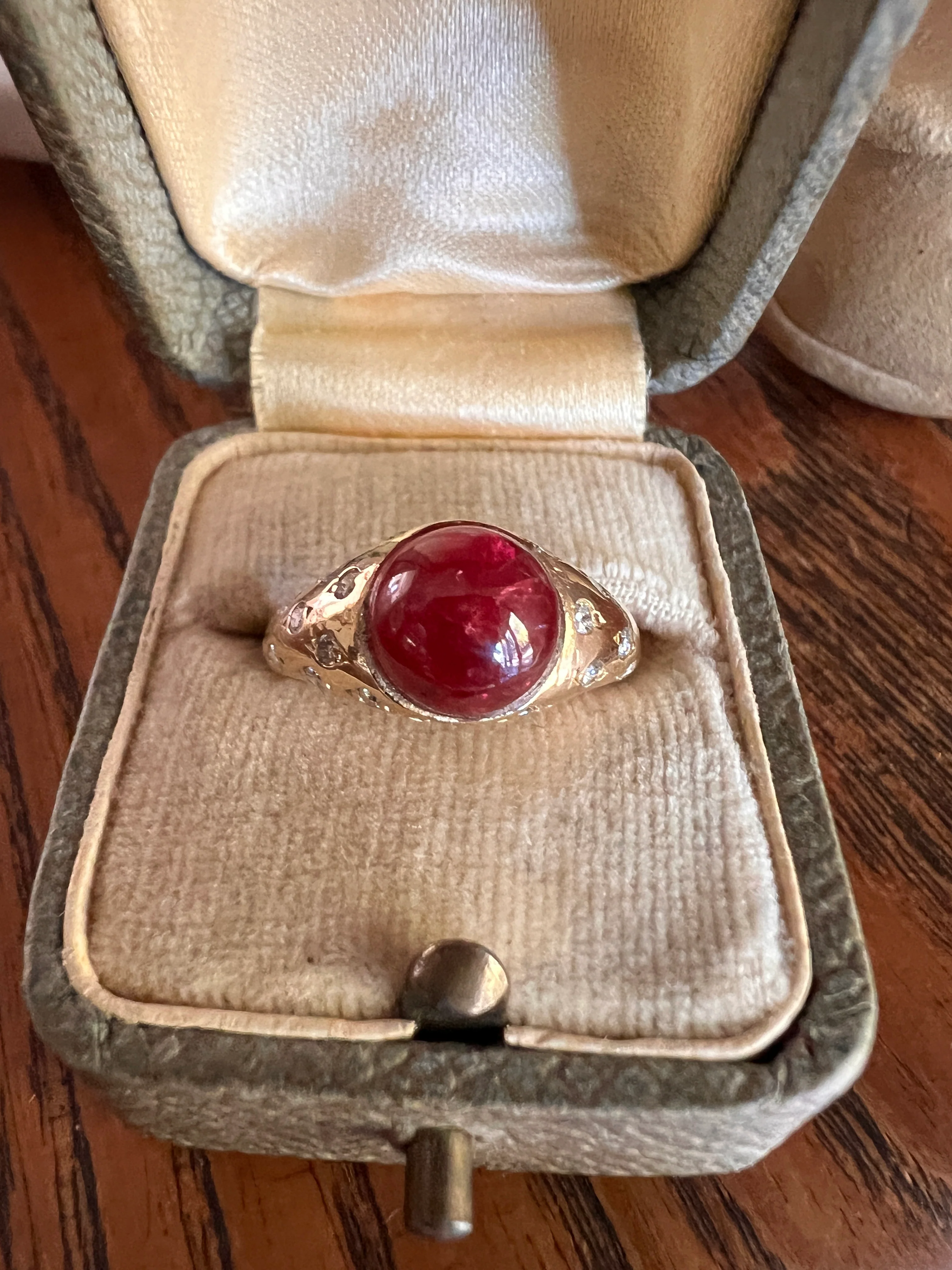Tall Vintage Pink Ruby Diamond Encrusted Domed Gypsy Ring 18k Gold French Glowing Cabochon - Image 12