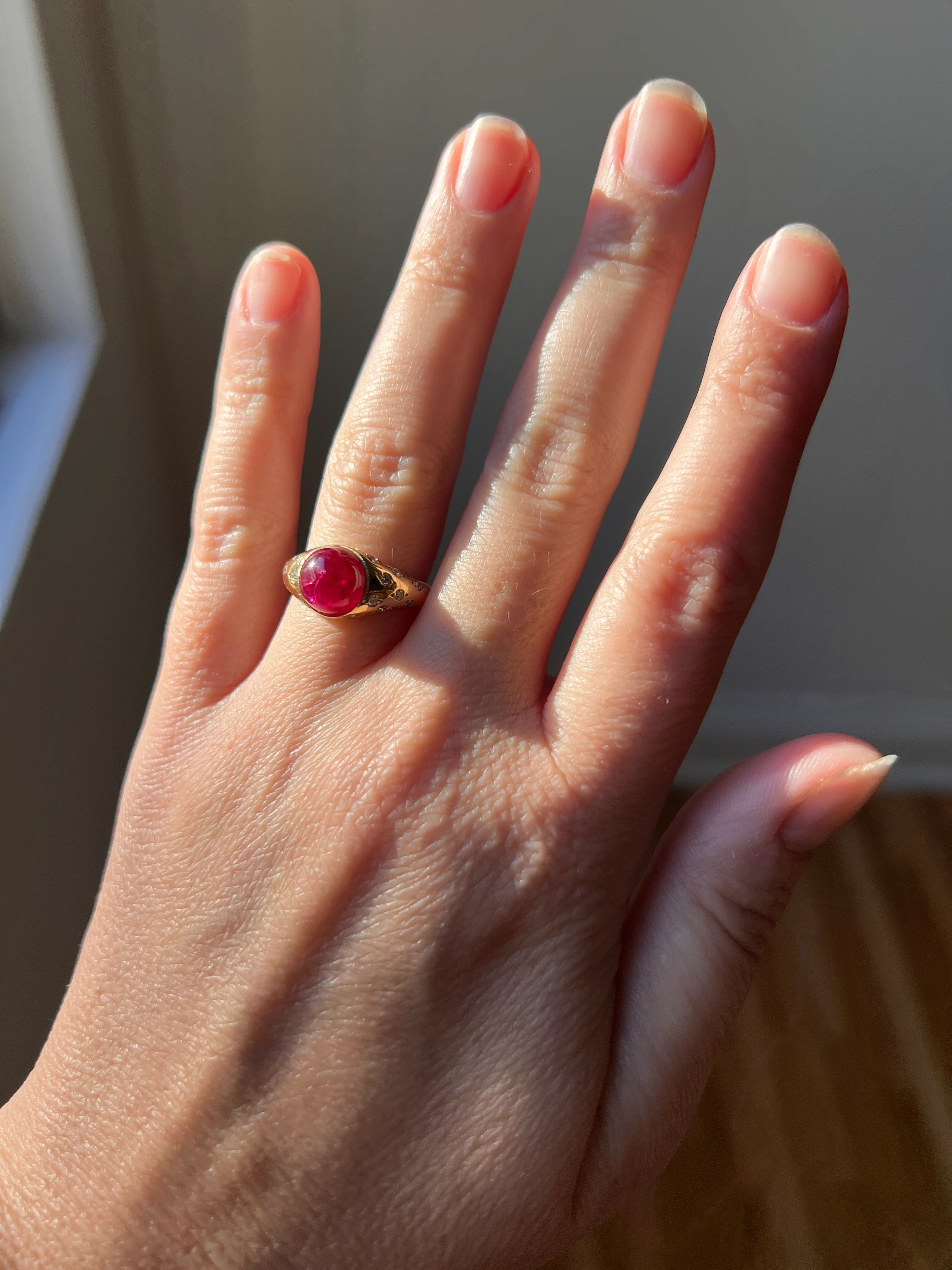 Tall Vintage Pink Ruby Diamond Encrusted Domed Gypsy Ring 18k Gold French Glowing Cabochon - Image 14