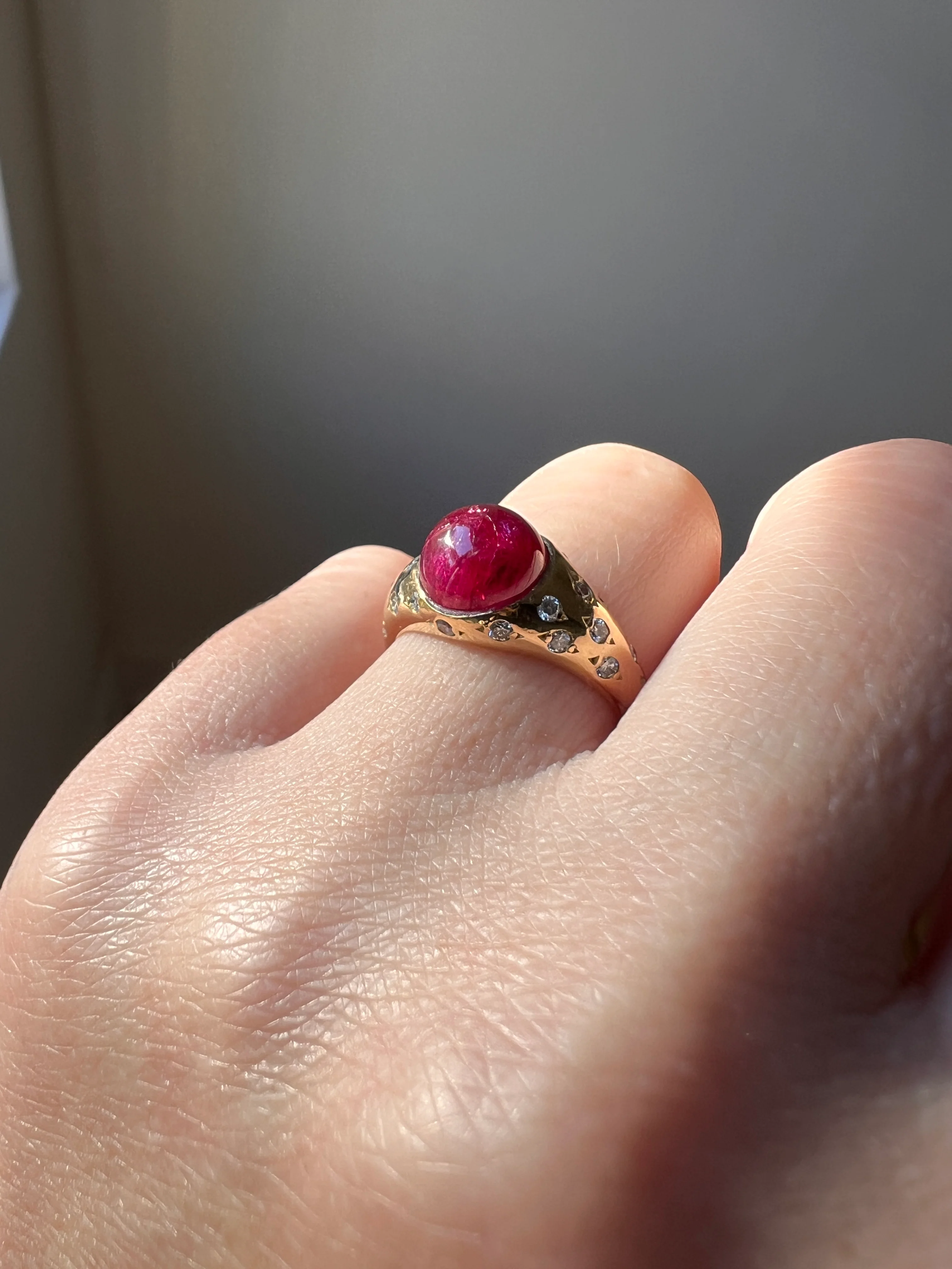 Tall Vintage Pink Ruby Diamond Encrusted Domed Gypsy Ring 18k Gold French Glowing Cabochon - Image 15