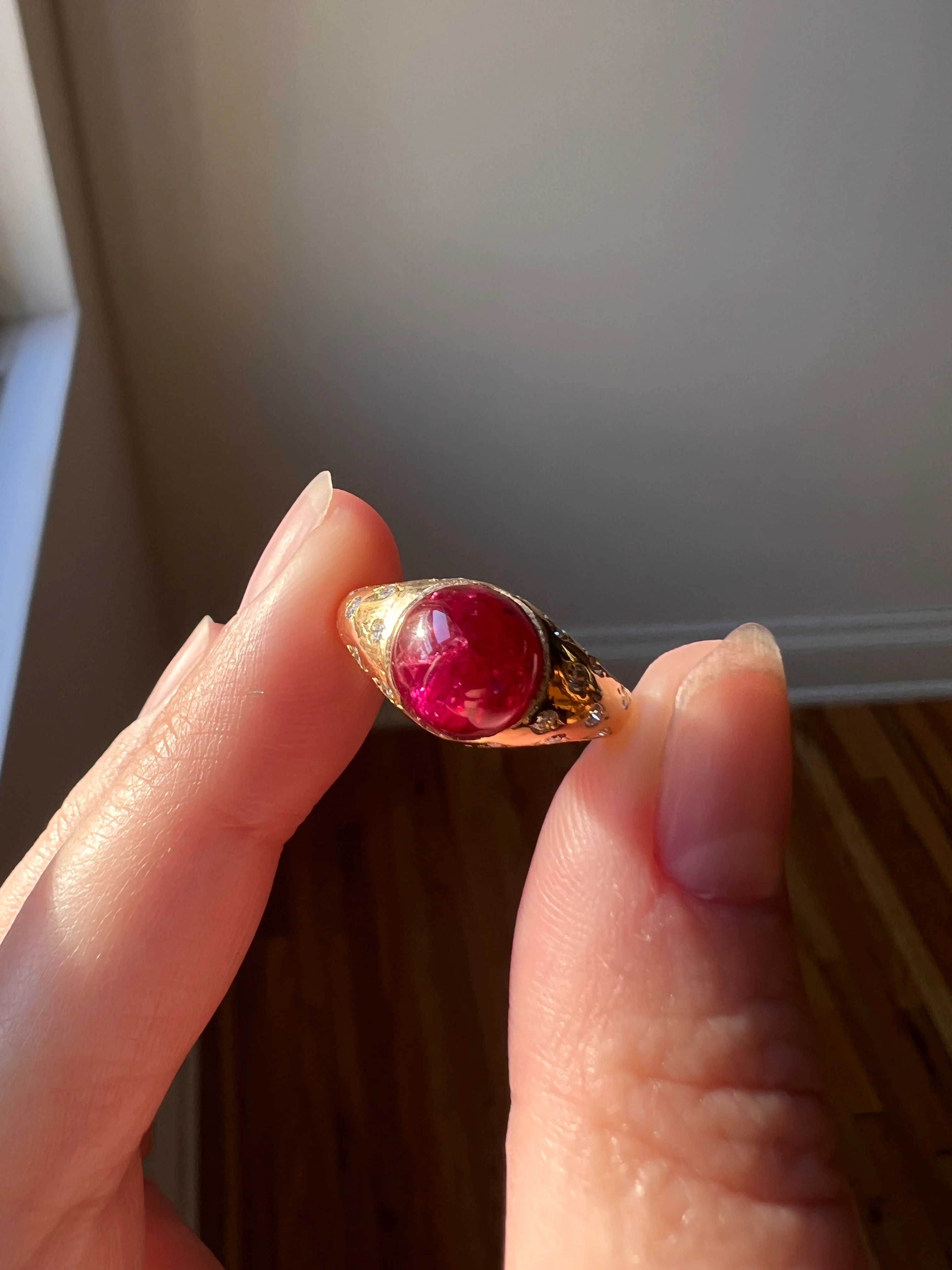 Tall Vintage Pink Ruby Diamond Encrusted Domed Gypsy Ring 18k Gold French Glowing Cabochon - Image 16