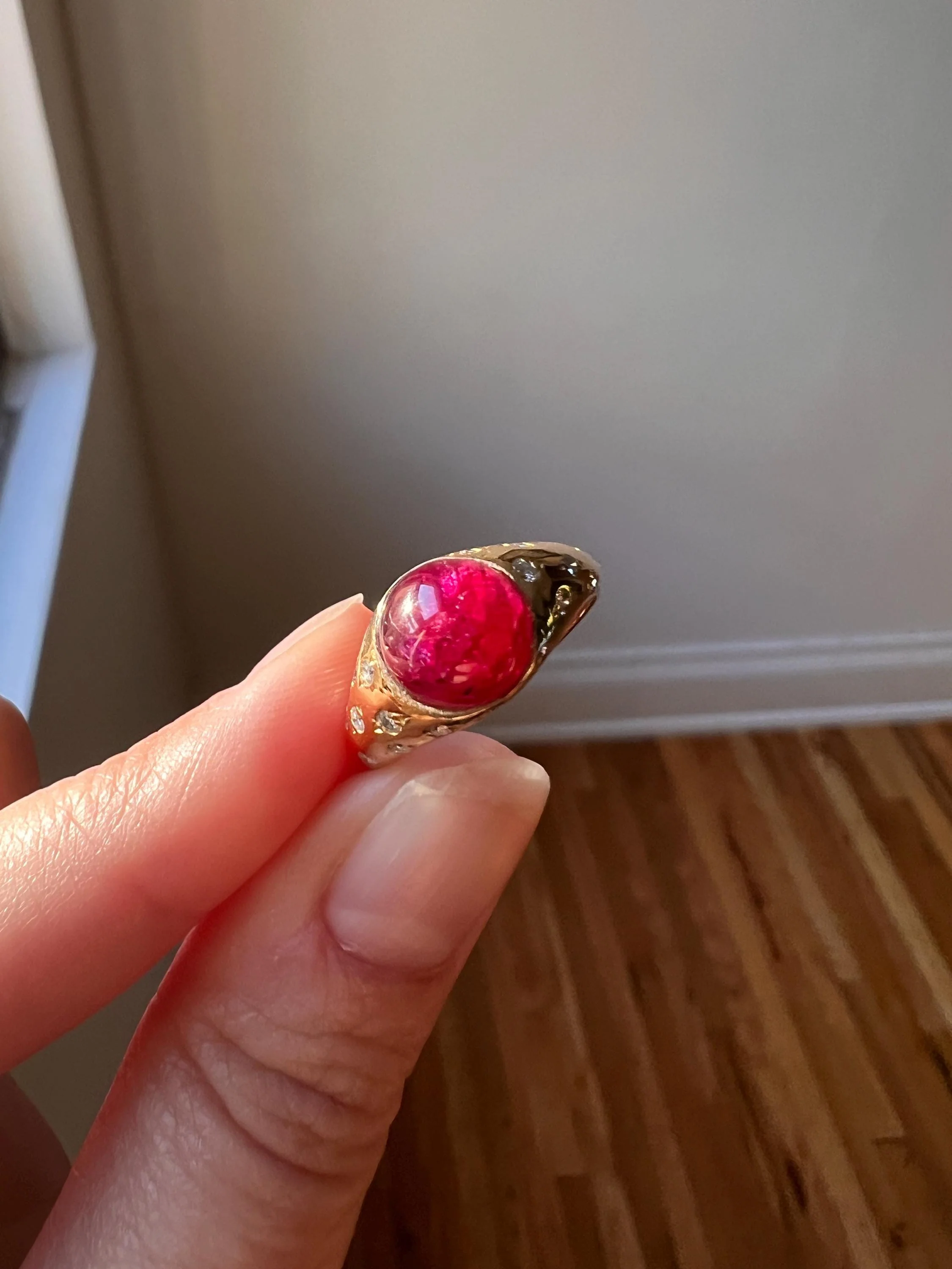 Tall Vintage Pink Ruby Diamond Encrusted Domed Gypsy Ring 18k Gold French Glowing Cabochon - Image 2
