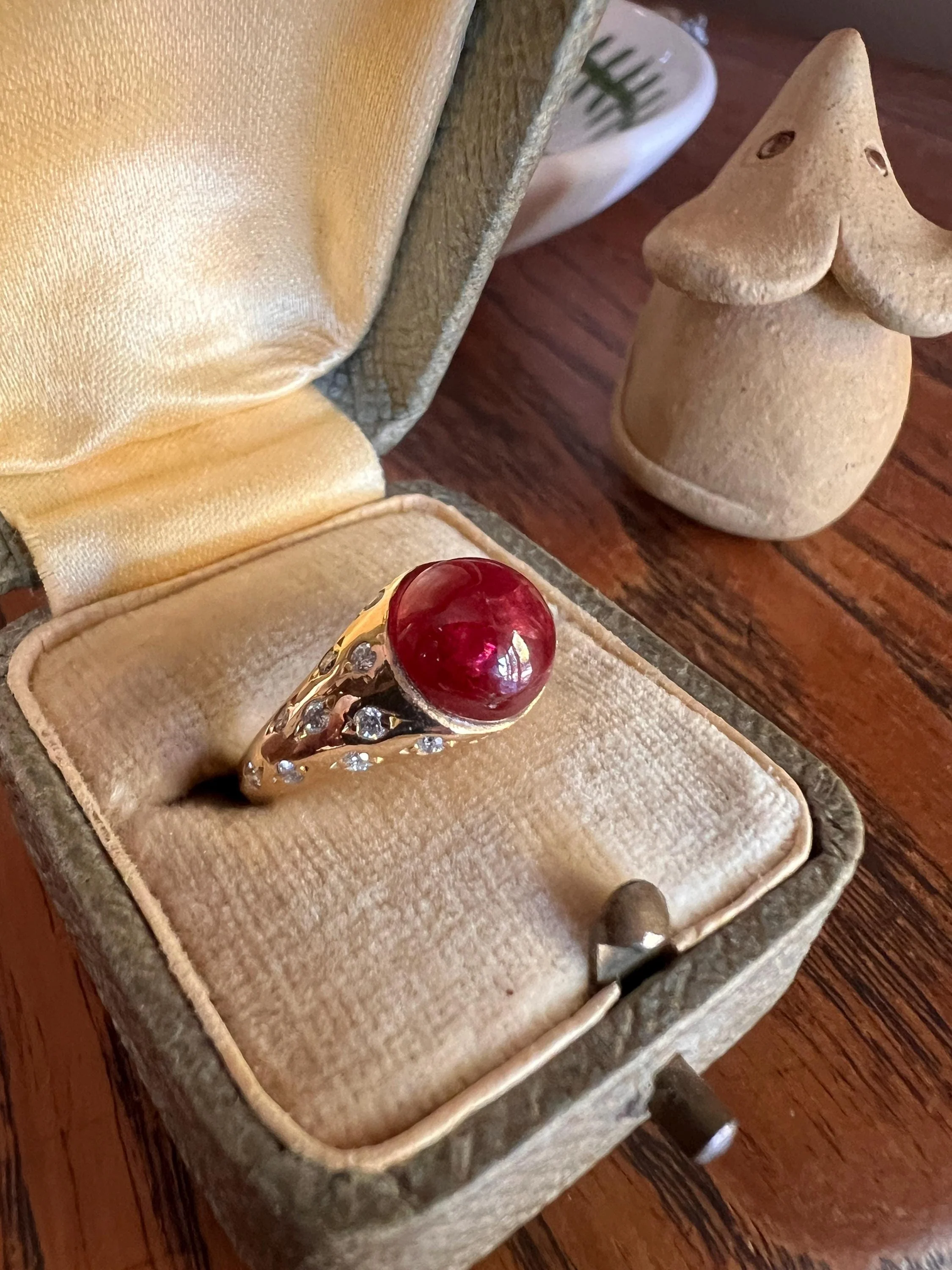 Tall Vintage Pink Ruby Diamond Encrusted Domed Gypsy Ring 18k Gold French Glowing Cabochon - Image 3