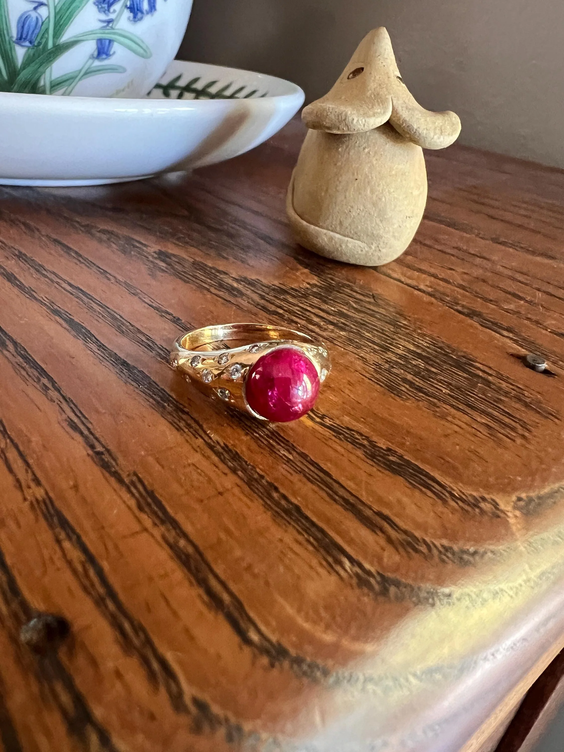 Tall Vintage Pink Ruby Diamond Encrusted Domed Gypsy Ring 18k Gold French Glowing Cabochon - Image 4