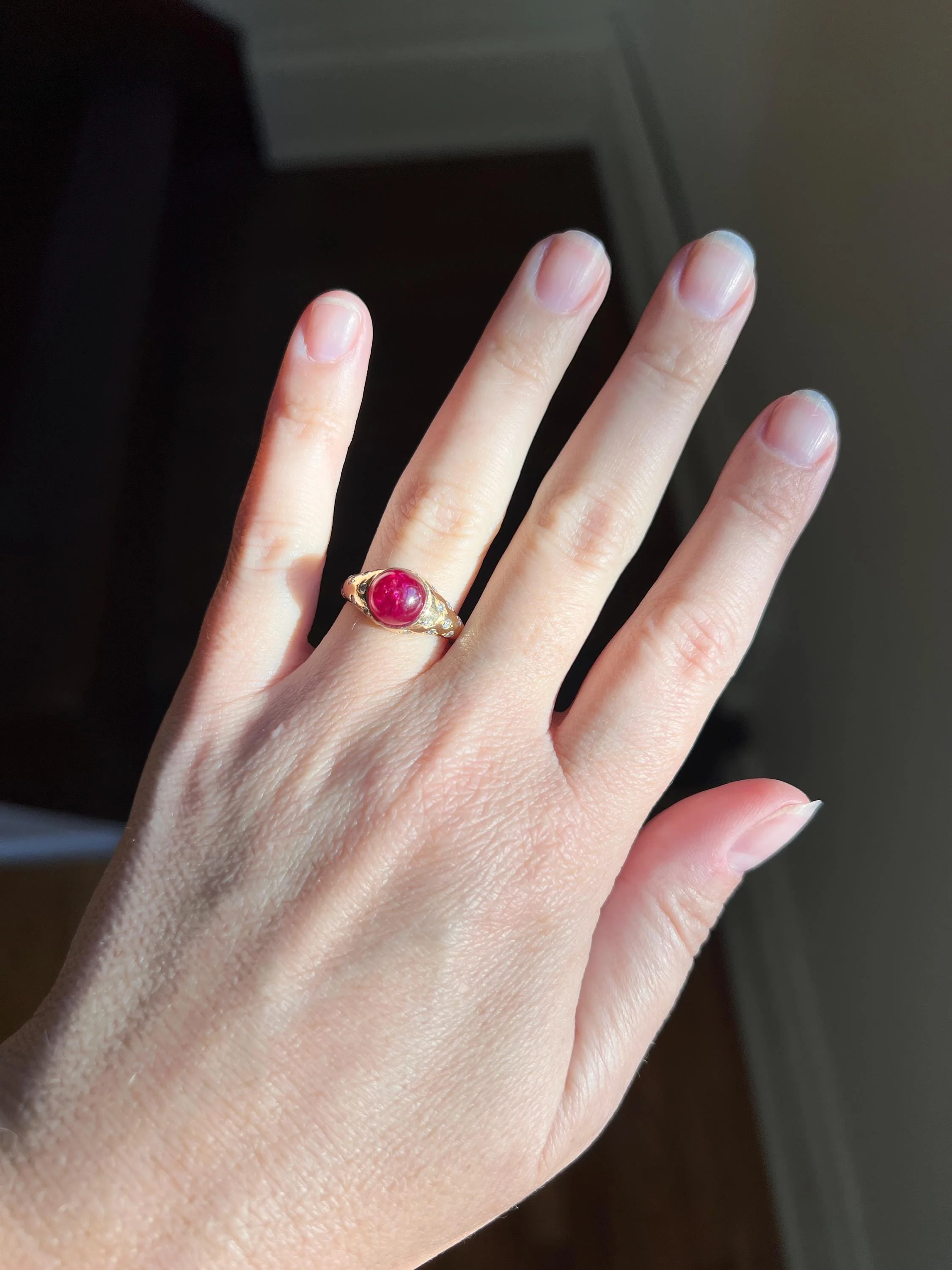 Tall Vintage Pink Ruby Diamond Encrusted Domed Gypsy Ring 18k Gold French Glowing Cabochon - Image 5